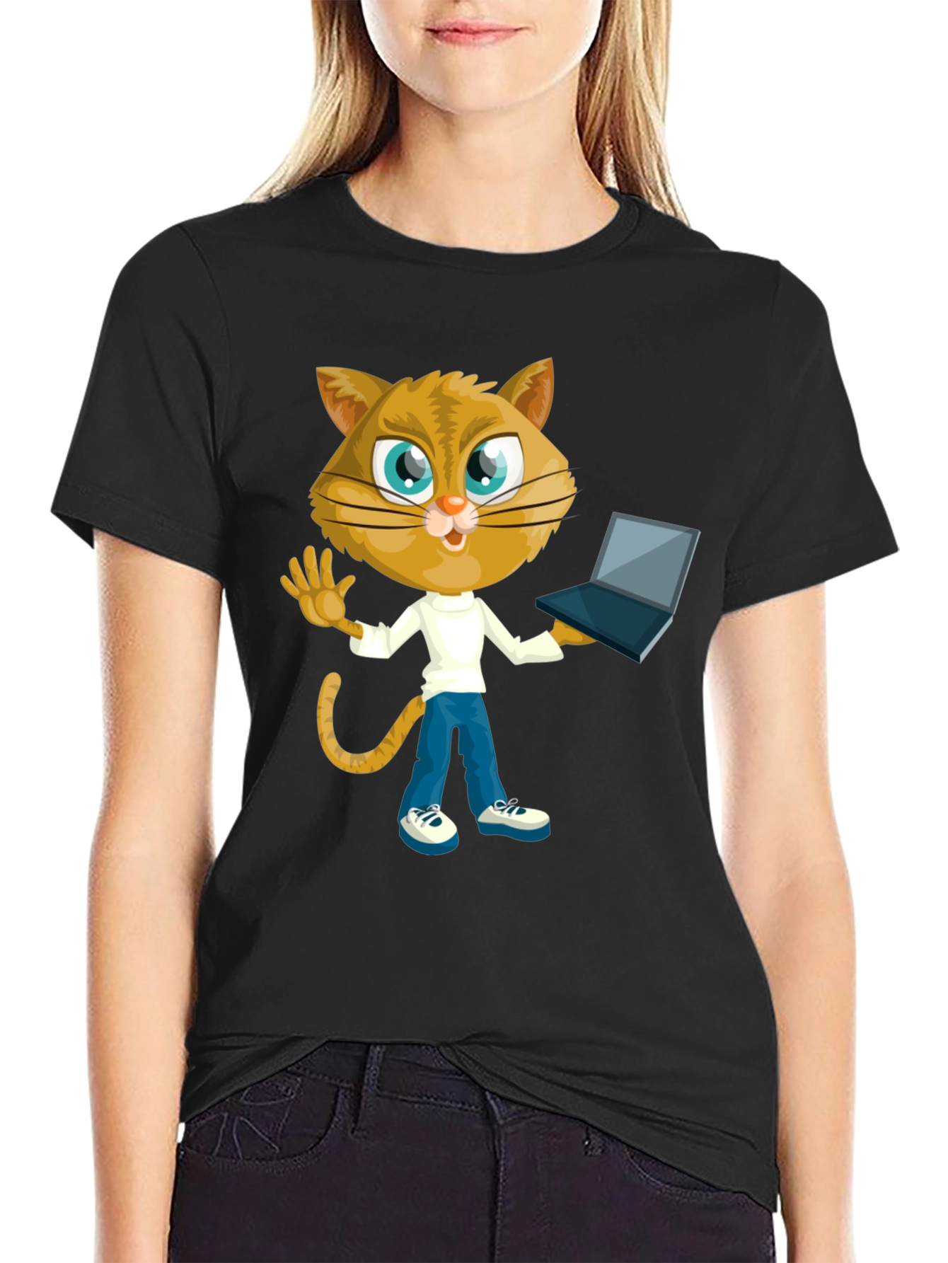 Black Cat Laptop T-Shirt: Funny Graphic Tee for Cat Lovers view 2