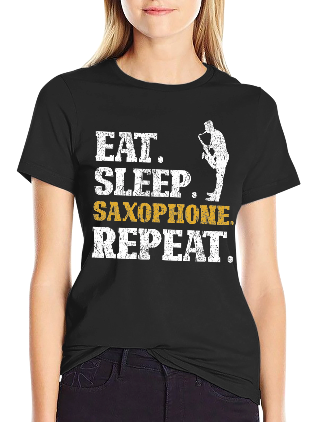 Black Eat Sleep Saxophone Repeat T-Shirt - Musician Tee view 2