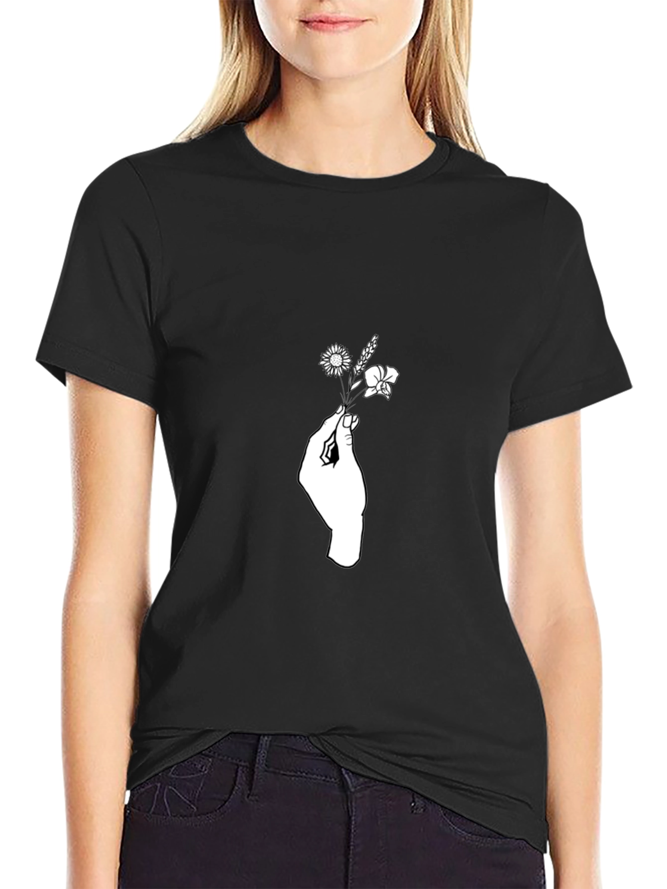 Black Floral Hand Graphic Tee - Soft Cotton Blend view 2