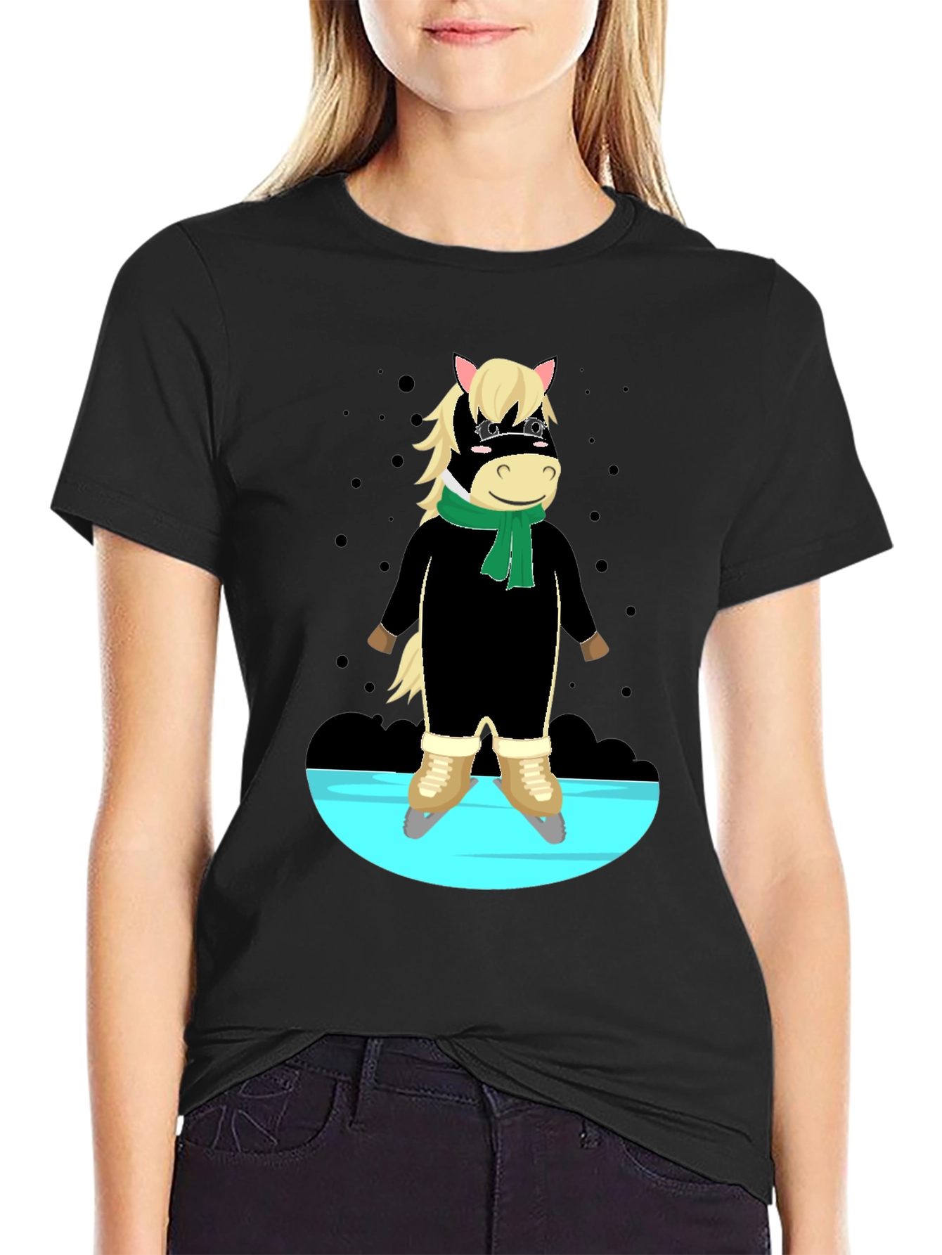 Black Skating Horse Graphic Tee - Quirky Cartoon Shirt view 2