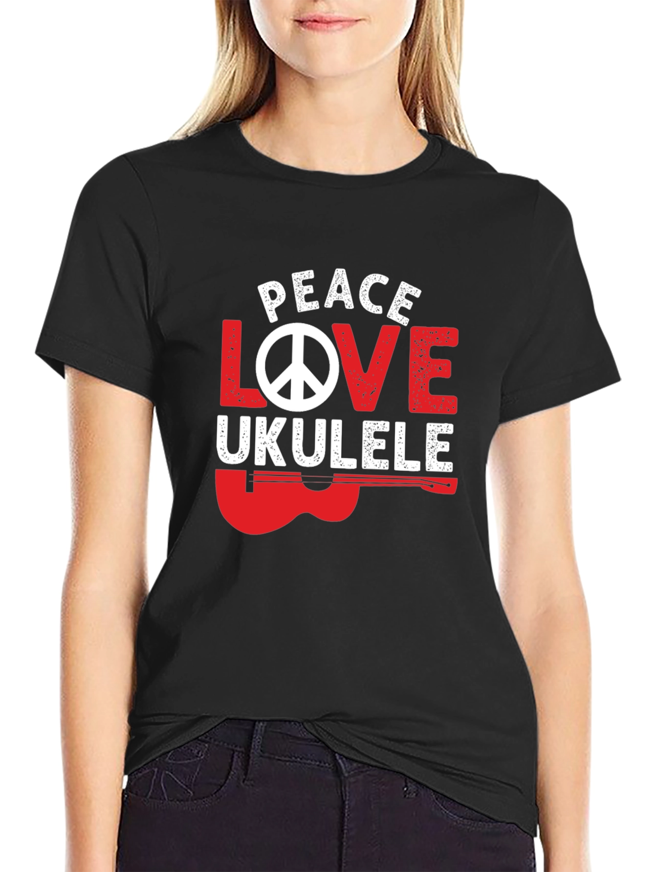 Black Peace Love Ukulele Graphic T-Shirt view 2