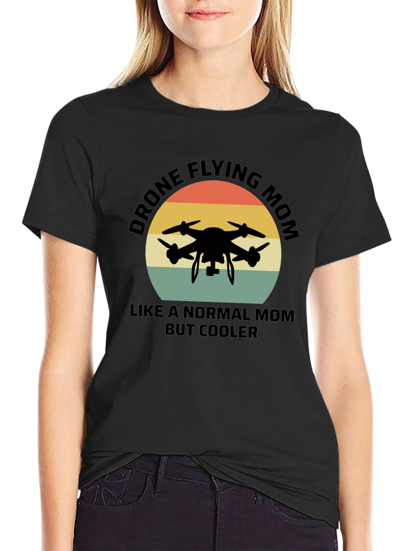 Black Drone Flying Mom T-Shirt - Cool Retro Style view 2
