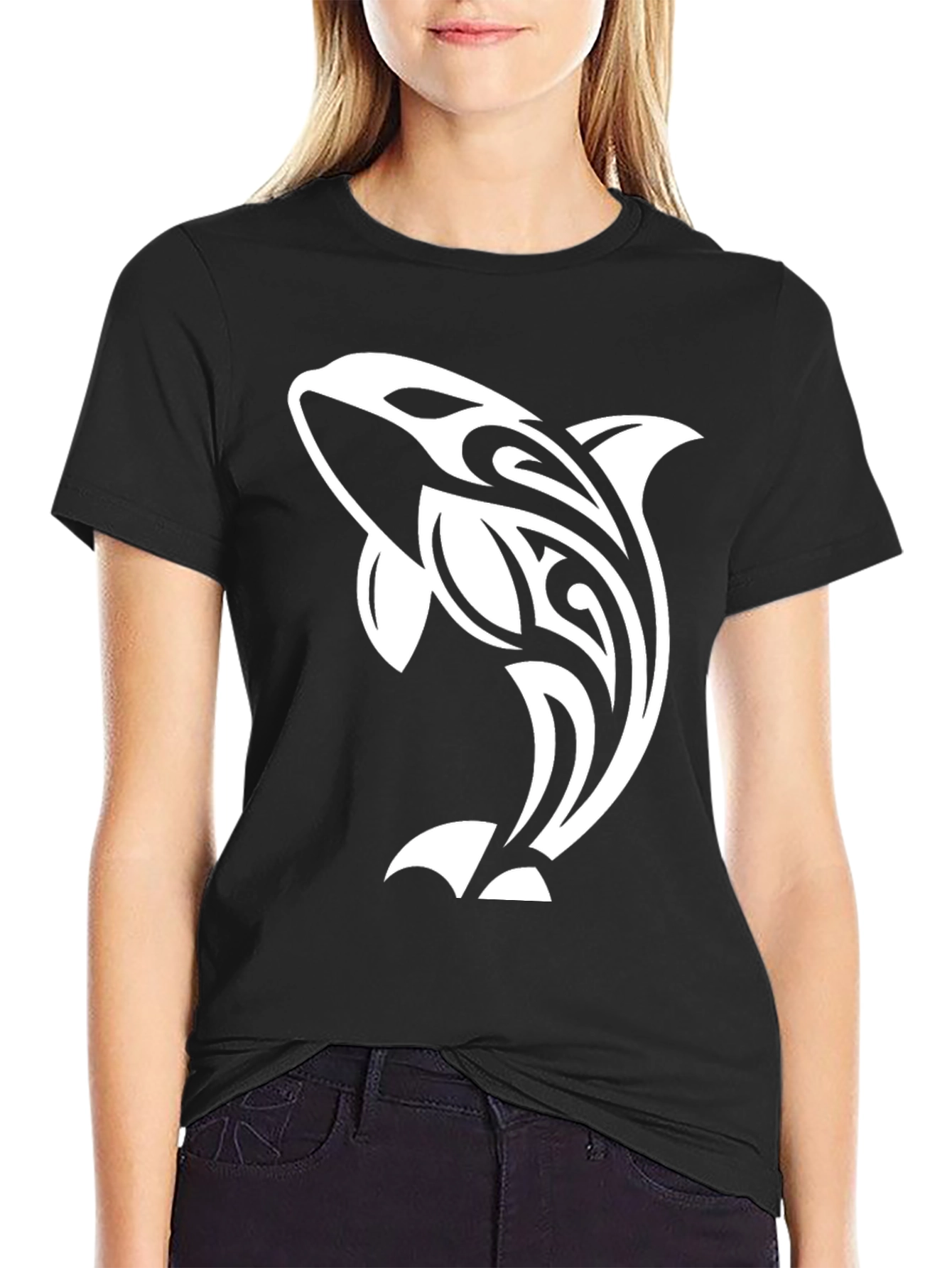 Black Orca Whale Tribal Design Black T-Shirt view 2