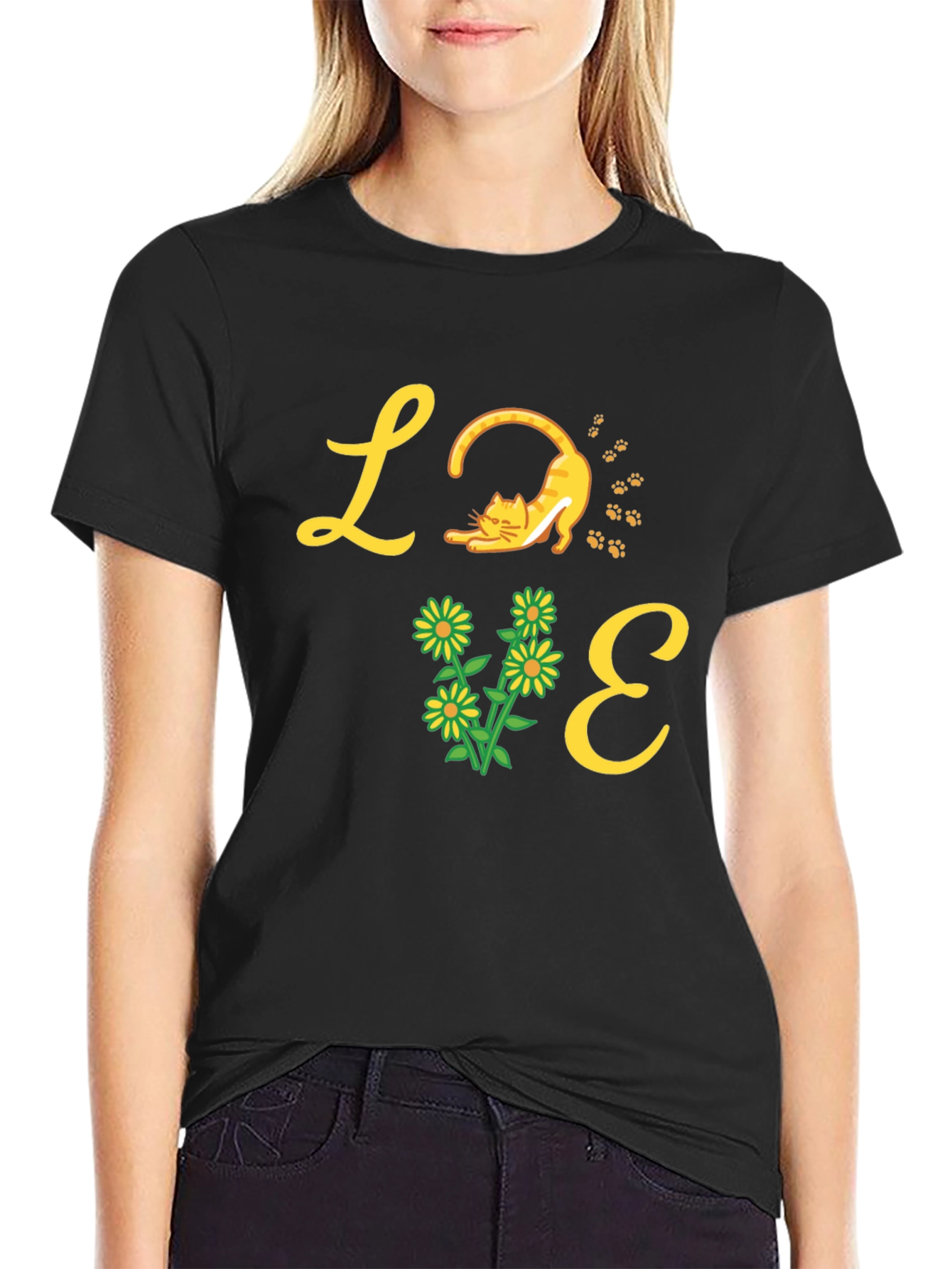 Black Love Cat & Flower Graphic T-Shirt - Black view 2