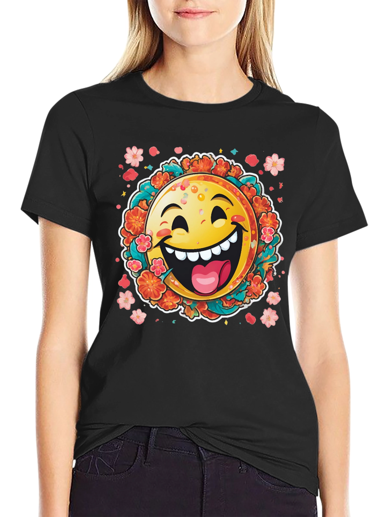 Black Happy Emoji Graphic T-Shirt - Fun Floral Design view 2