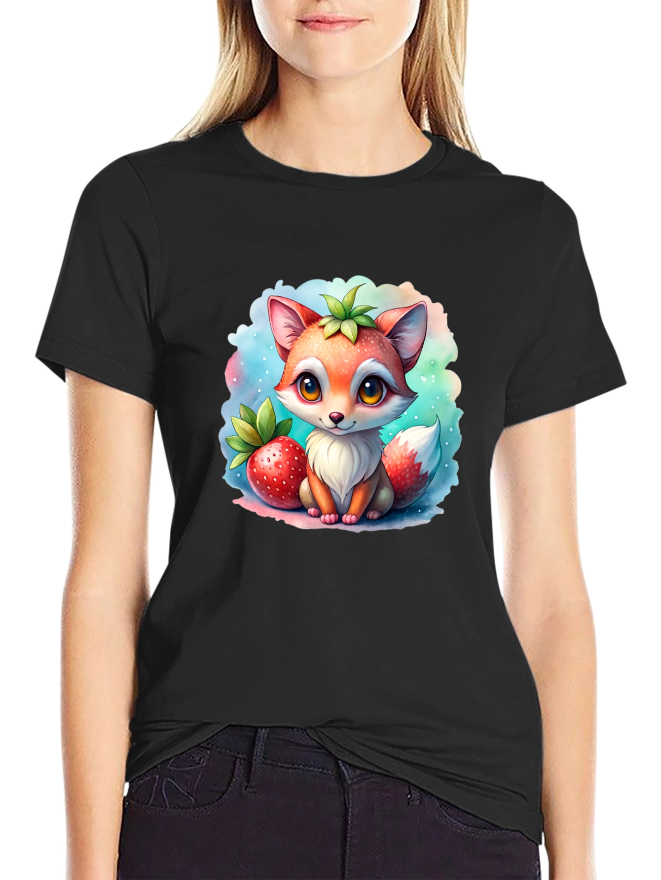 Black Cute Cartoon Fox Strawberry T-Shirt view 2