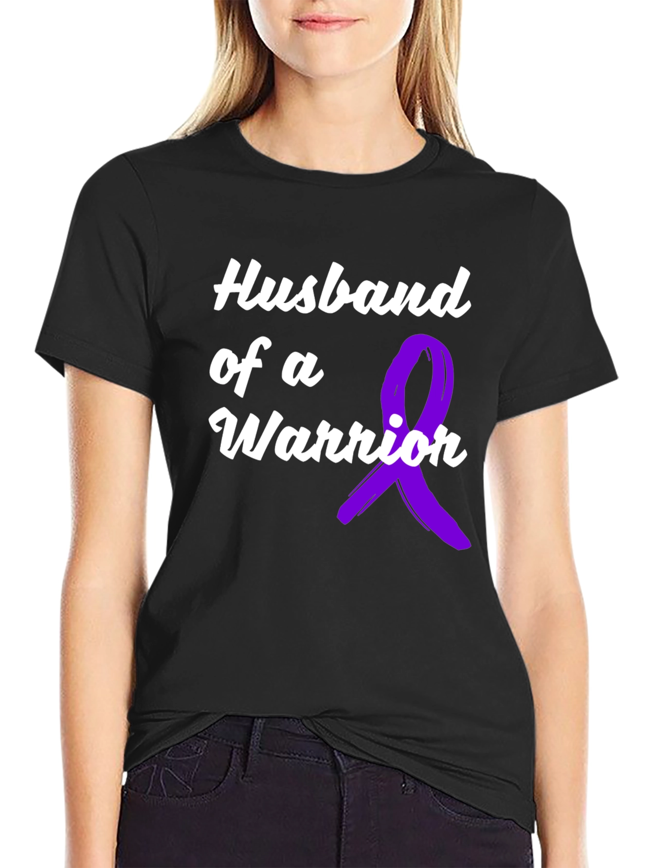 Black Husband of a Warrior Black T-Shirt Awareness Purple Ribbon view 2