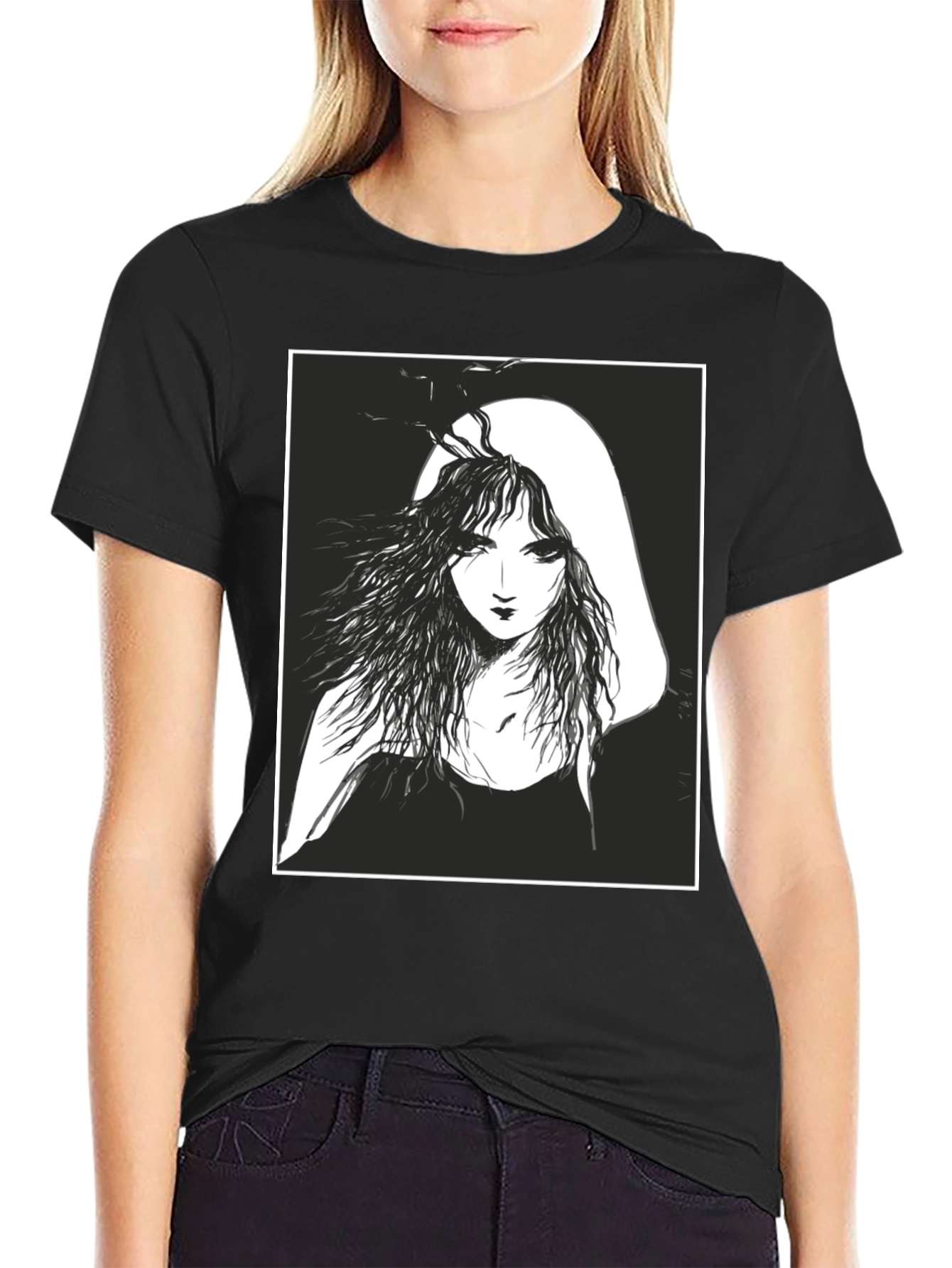 Black Ethereal Woman Graphic Tee - Black Cotton T-Shirt view 2