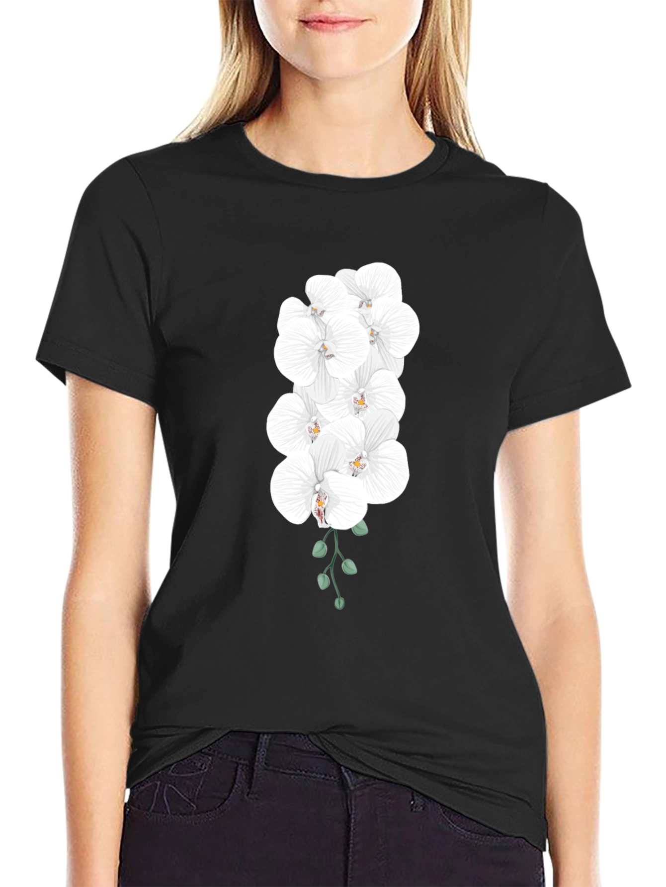 Black Elegant Orchid T-Shirt - Black Cotton Blend view 2