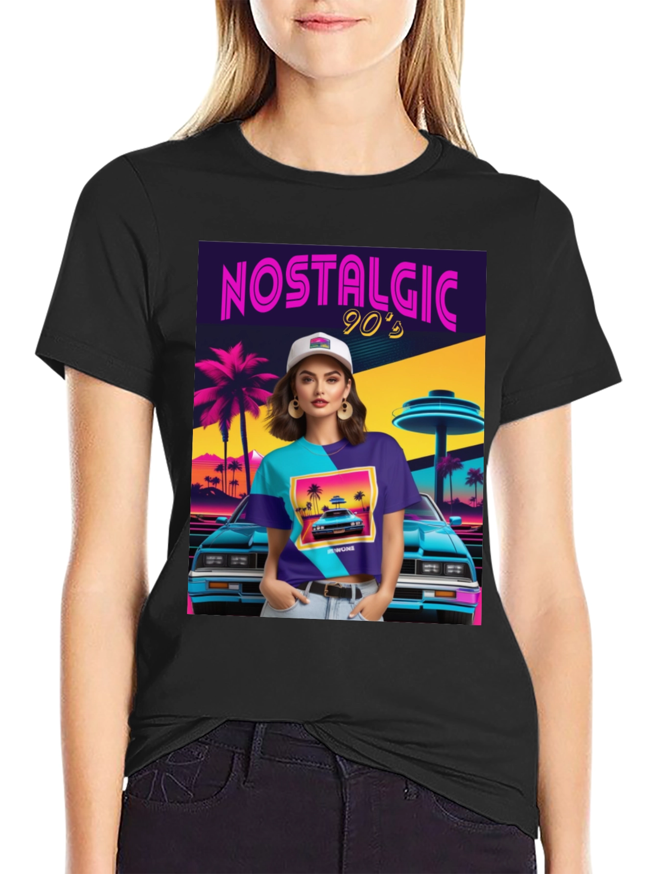 Black Nostalgic 90s Graphic T-Shirt - Retro Design view 2