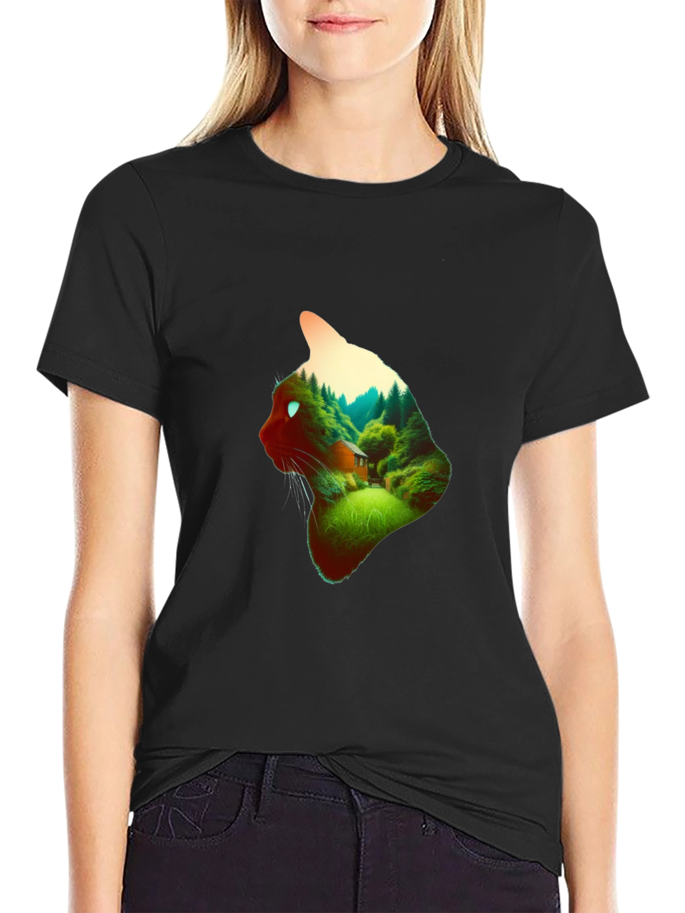 Black Cat Forest T-Shirt - Nature Lover Tee view 2
