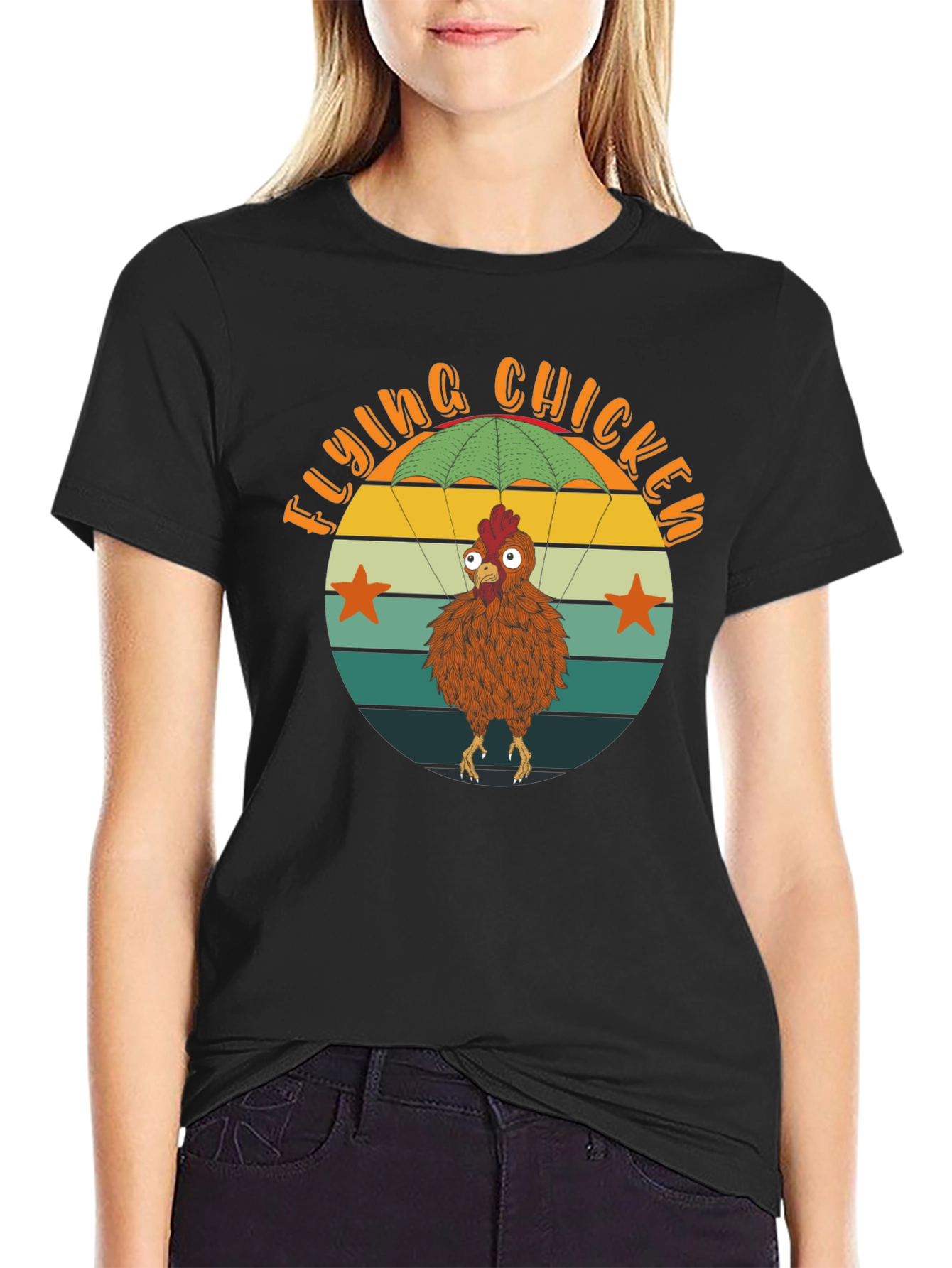 Black Flying Chicken T-Shirt - Funny Parachute Chicken Tee view 2