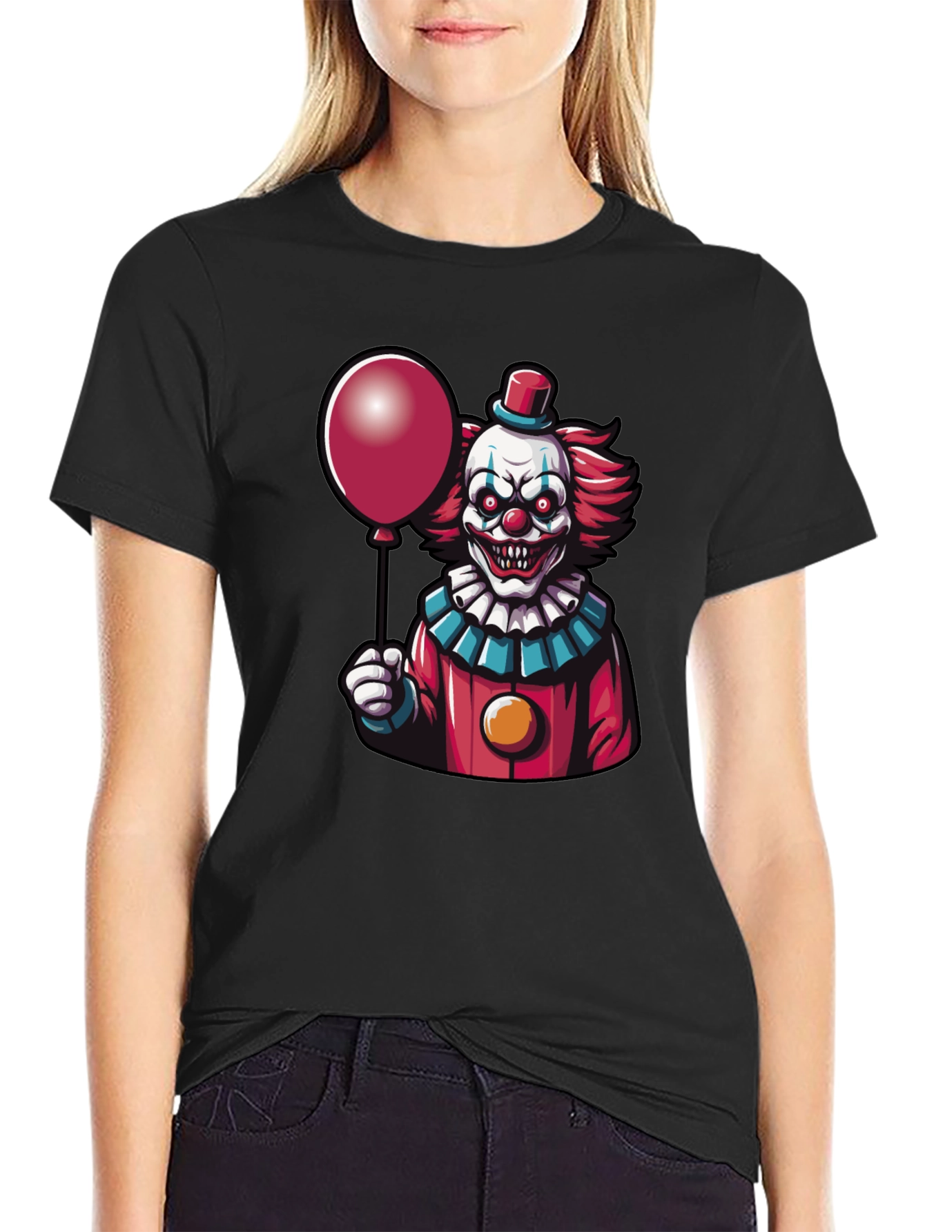 Black Creepy Clown Graphic Tee - Horror Balloon T-Shirt view 2