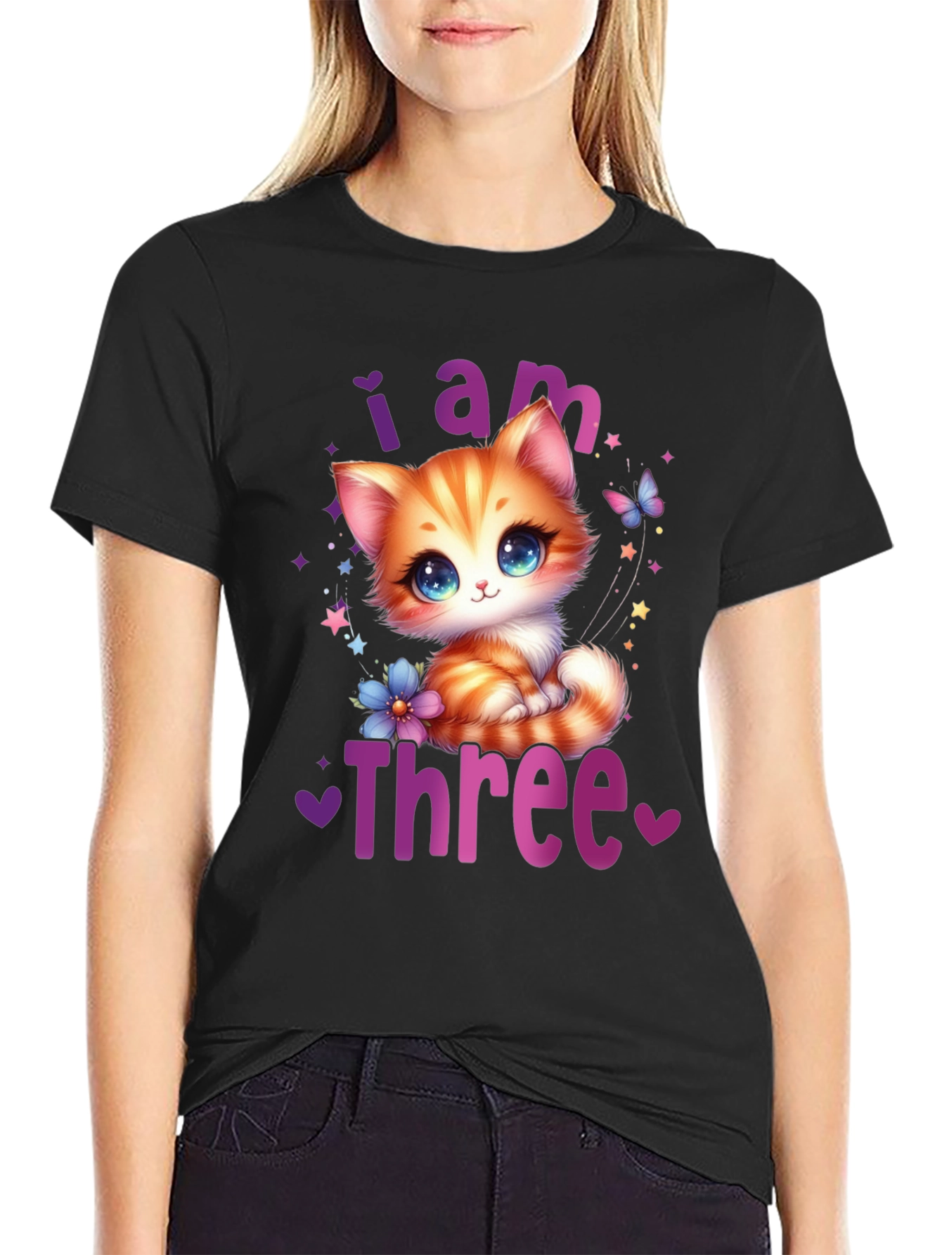 Black Cute "I am Three" Birthday Kitten T-Shirt view 2