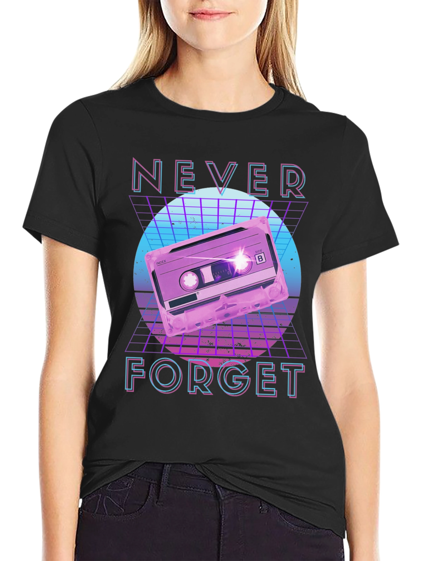 Black Retro 80s Cassette Tape Never Forget Graphic Tee view 2
