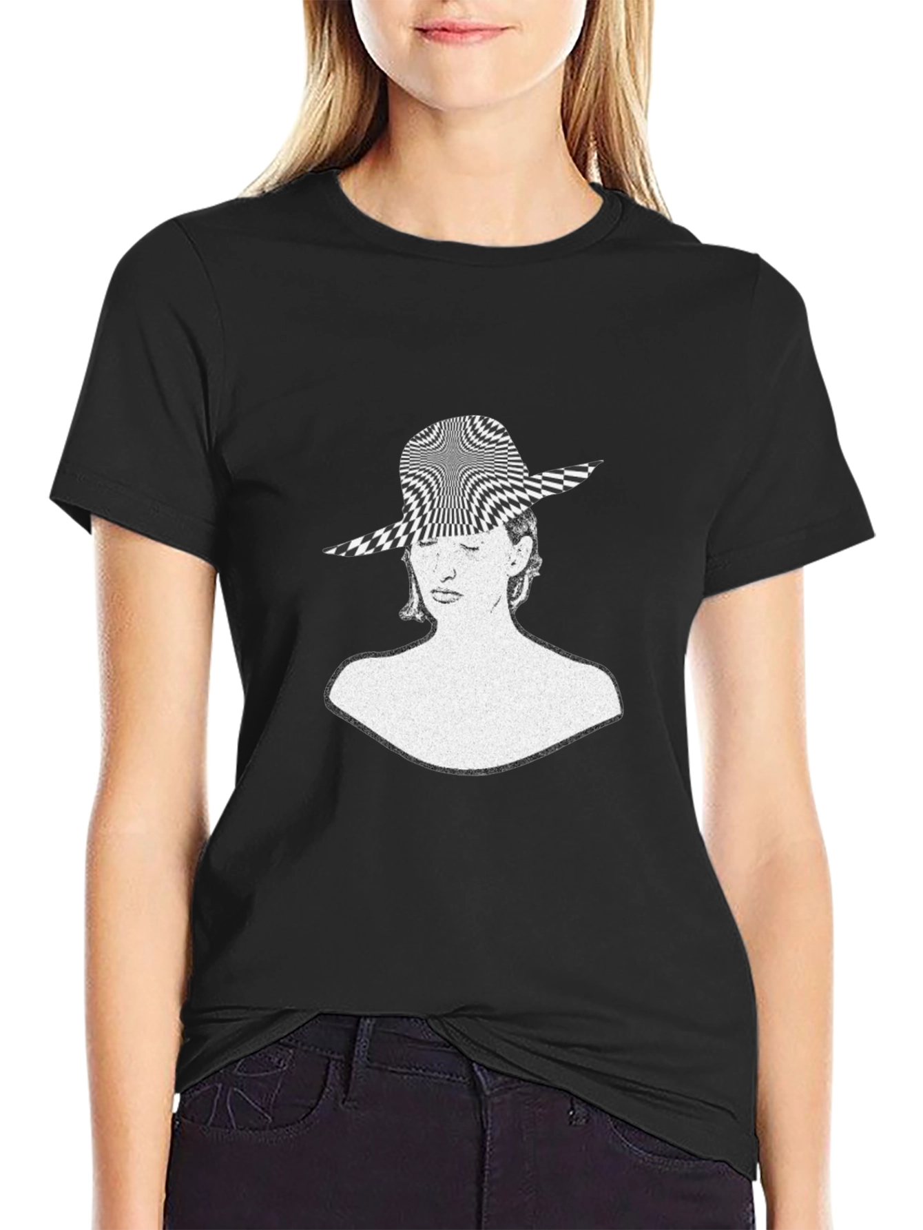 Black Optical Illusion Woman's Face Graphic Tee view 2