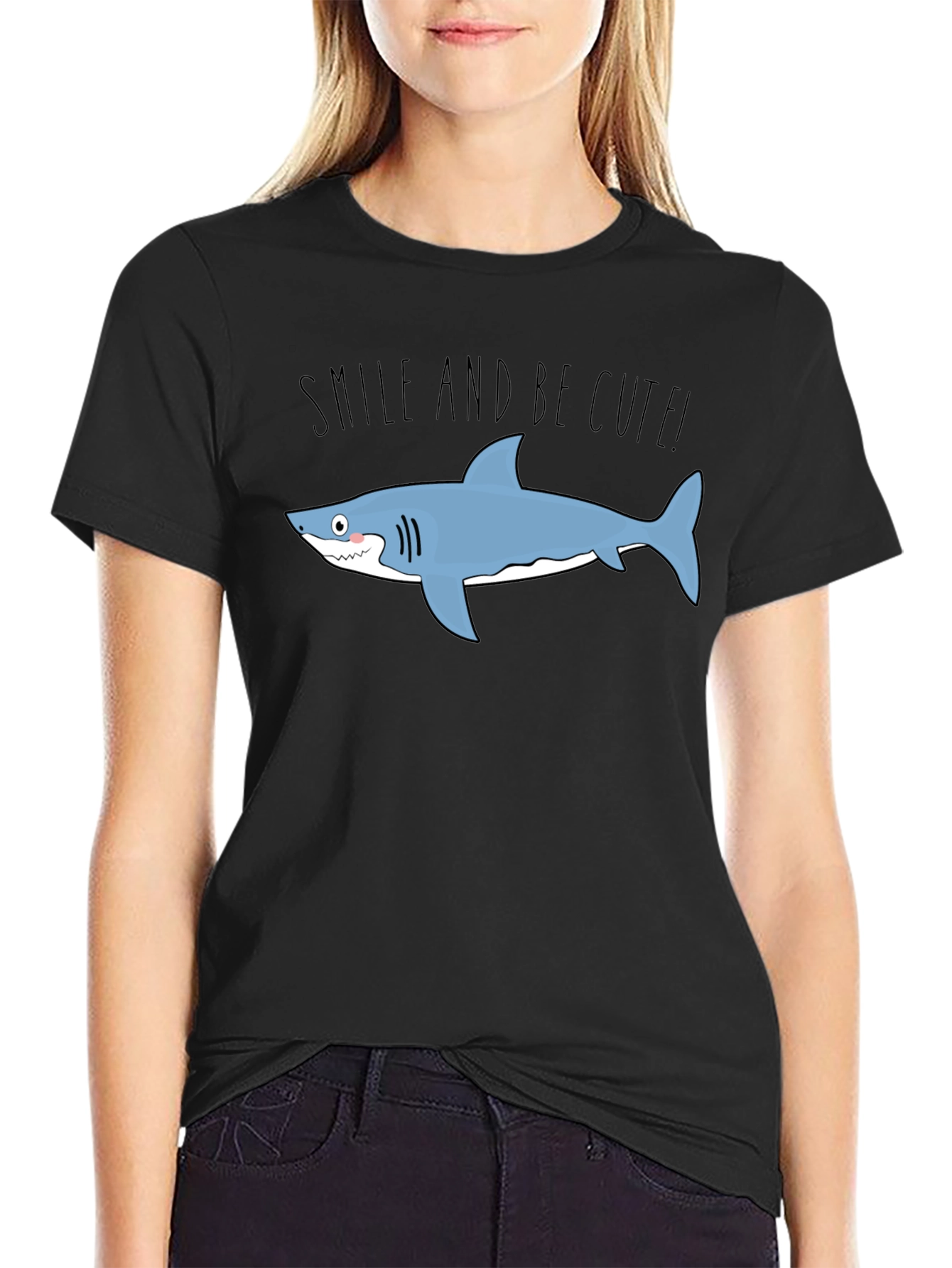 Black Smile and Be Cute Shark Graphic T-Shirt view 2