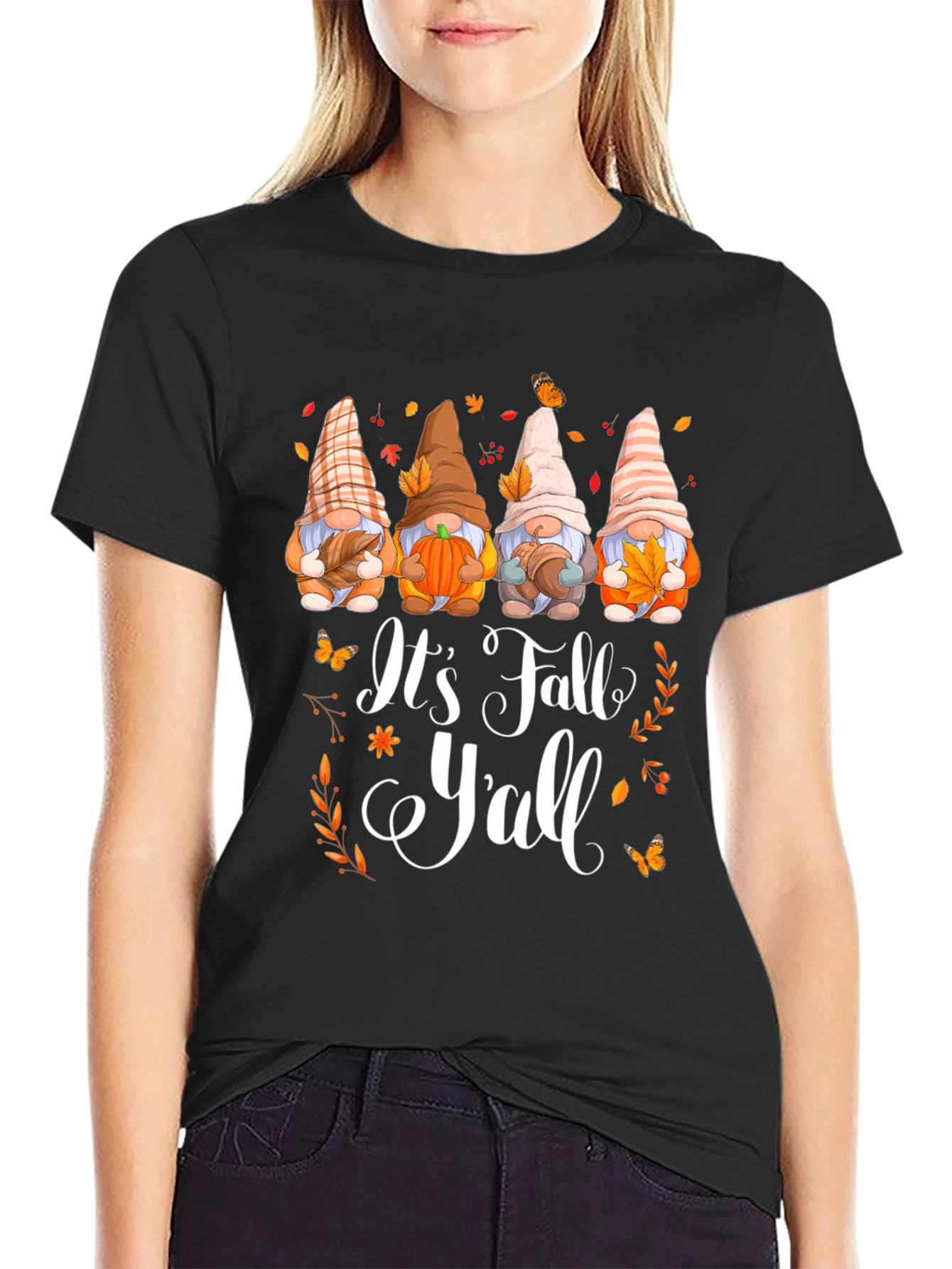 Black It's Fall Y'all Gnomes Graphic T-Shirt view 2