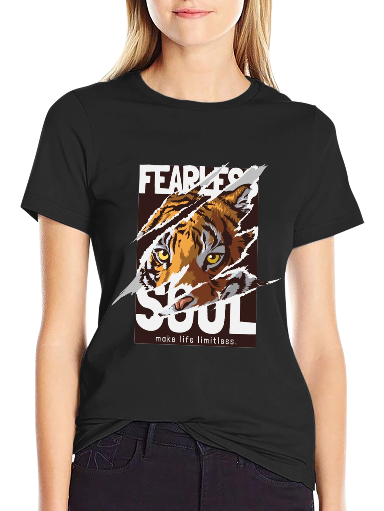 Black Fearless Soul Tiger Graphic Black T-Shirt view 2