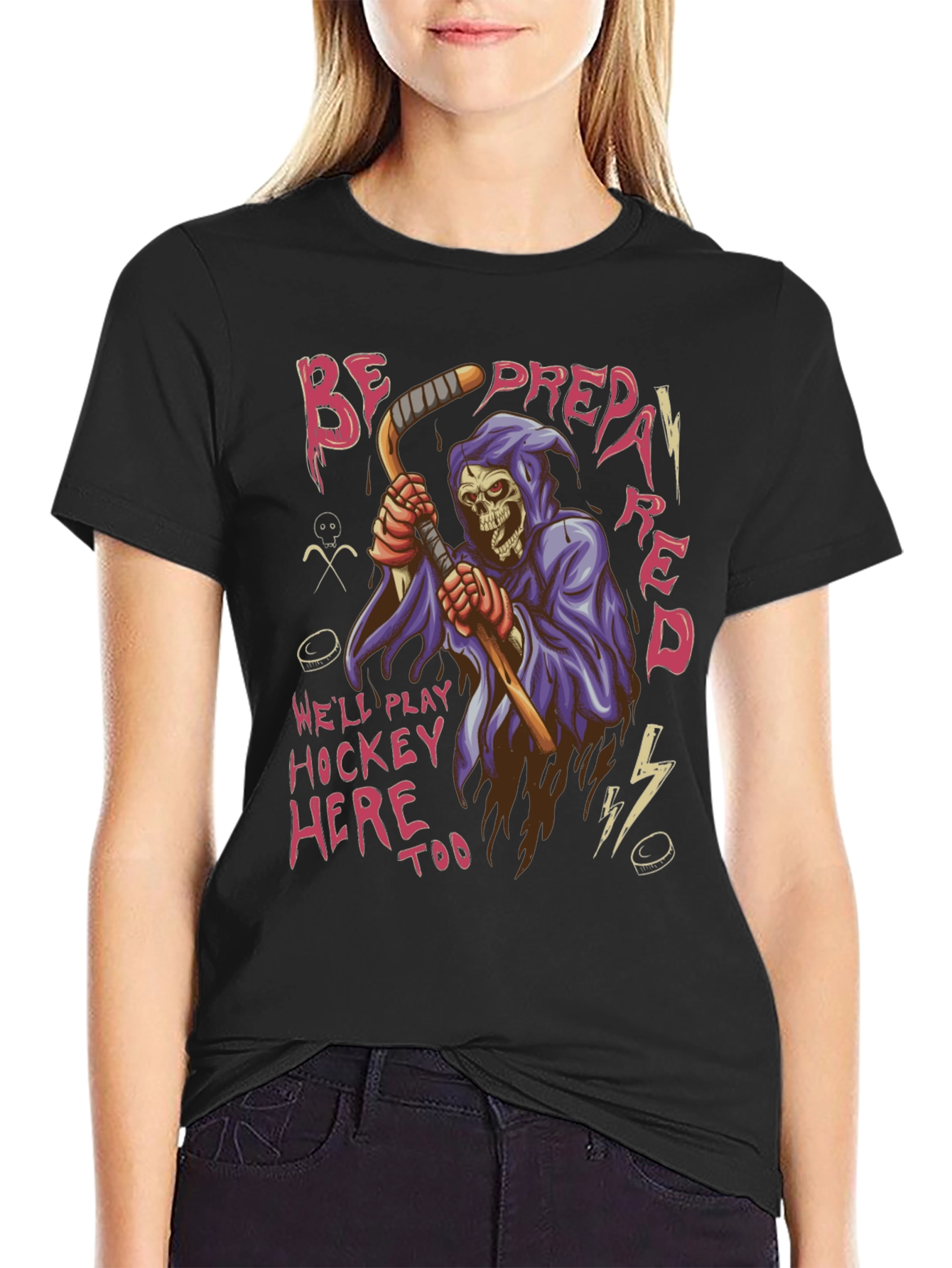 Black Hockey Grim Reaper Graphic T-Shirt view 2