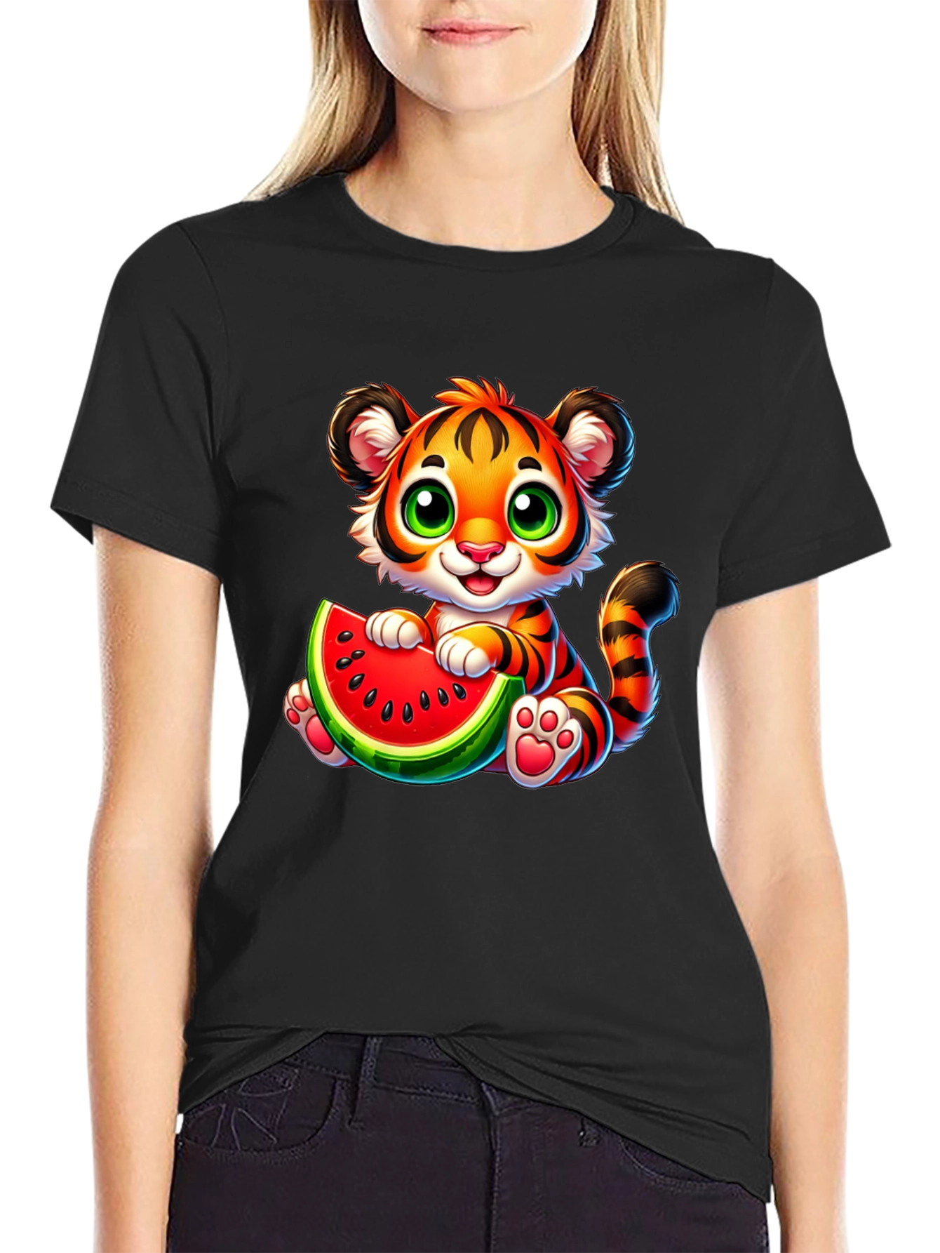 Black Cute Tiger Watermelon Graphic Tee - Fun Summer Style view 2