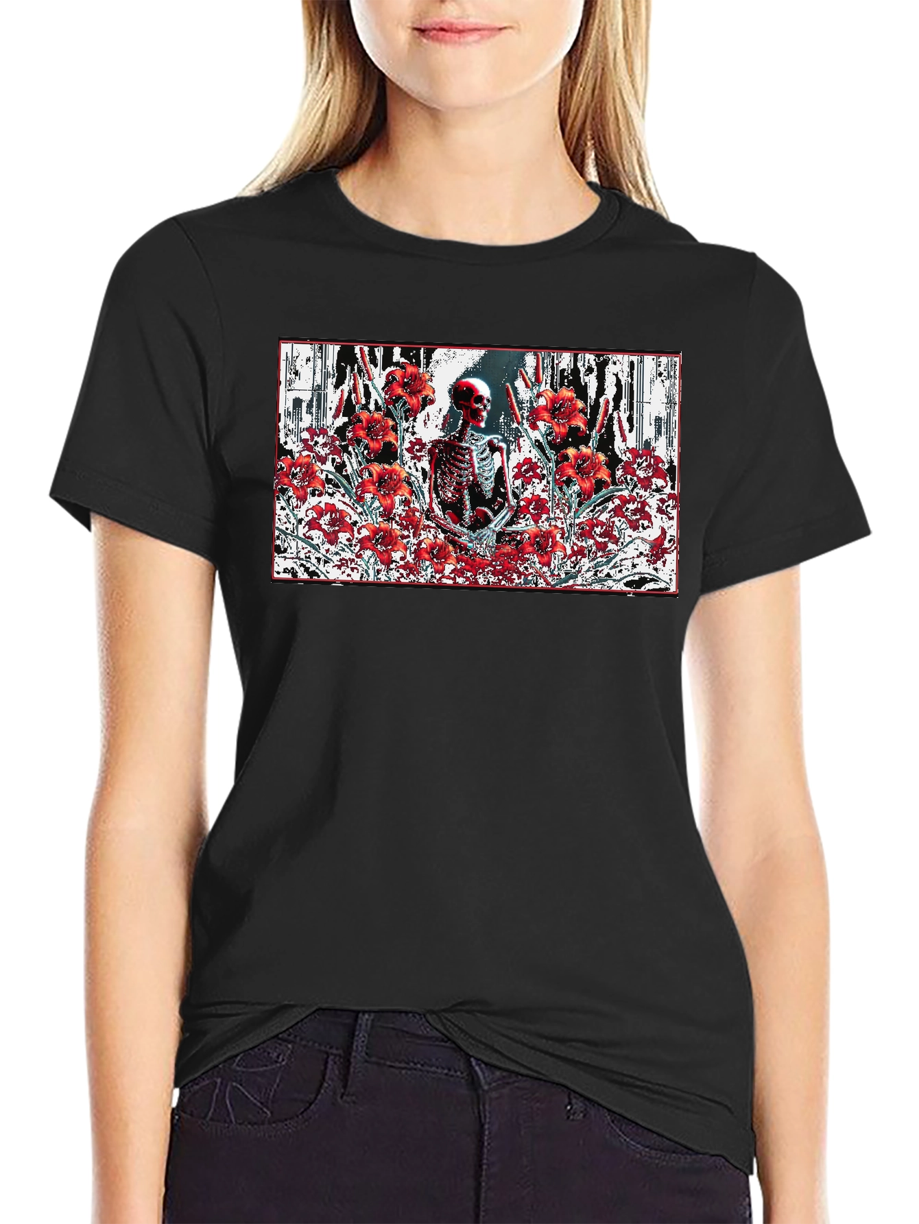 Black Skeleton in Floral T-Shirt - Gothic Style view 2