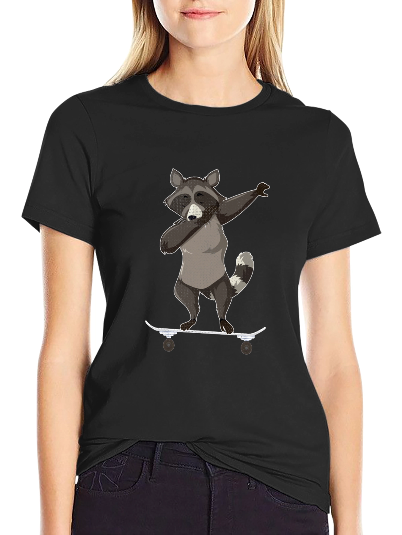Black Raccoon Skateboard Dabbing Graphic Tee view 2