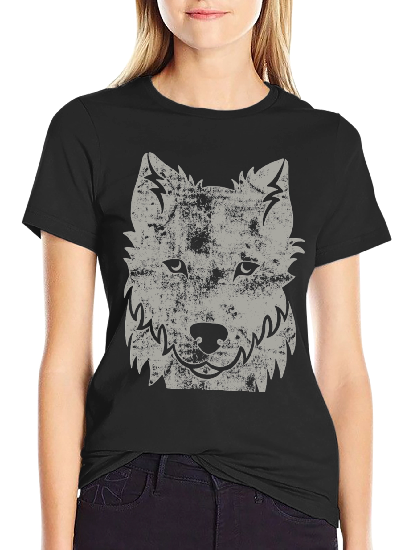 Black Distressed Wolf Graphic Black T-Shirt view 2