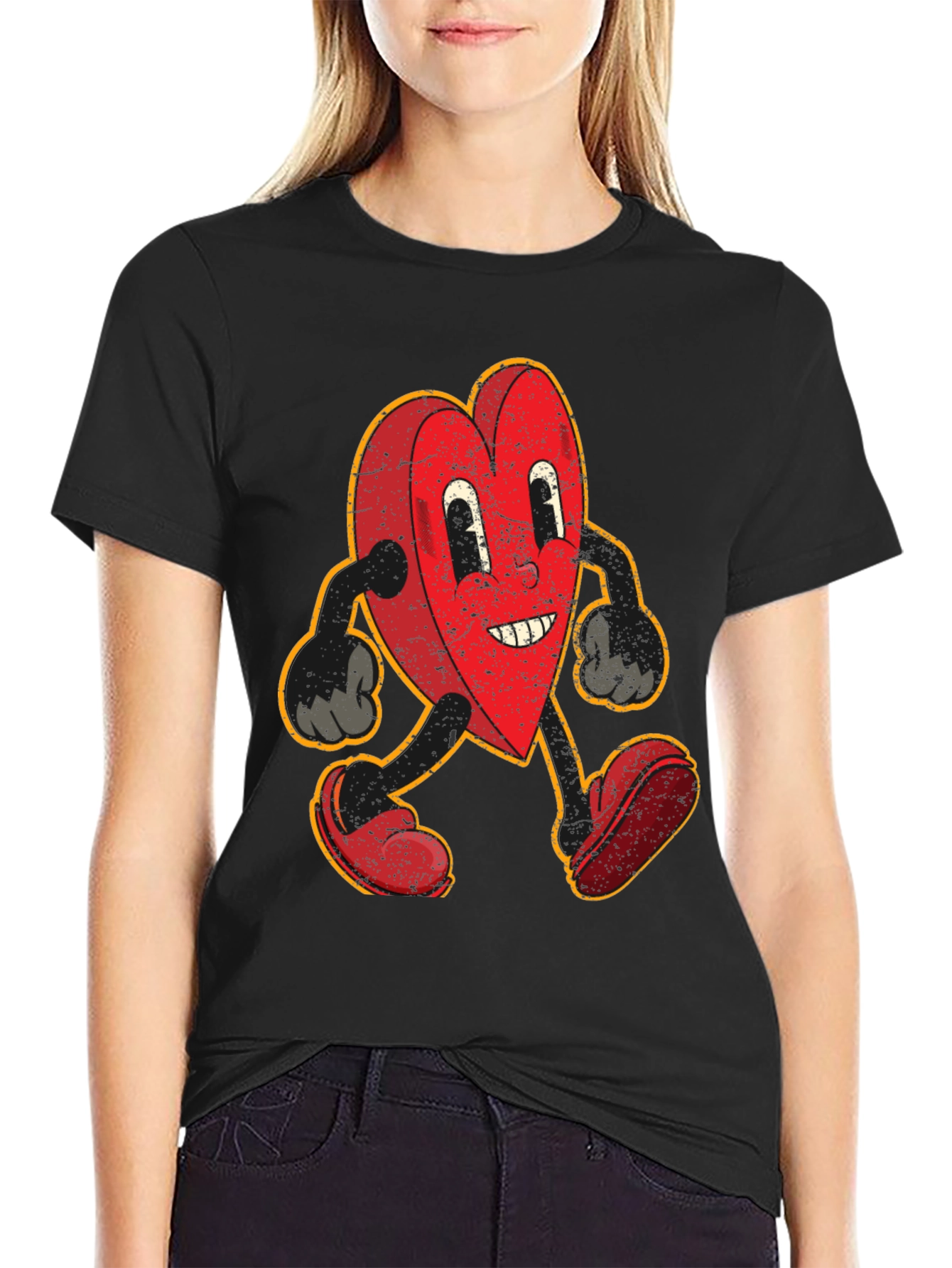 Black Retro Heart Cartoon Graphic T-Shirt view 2