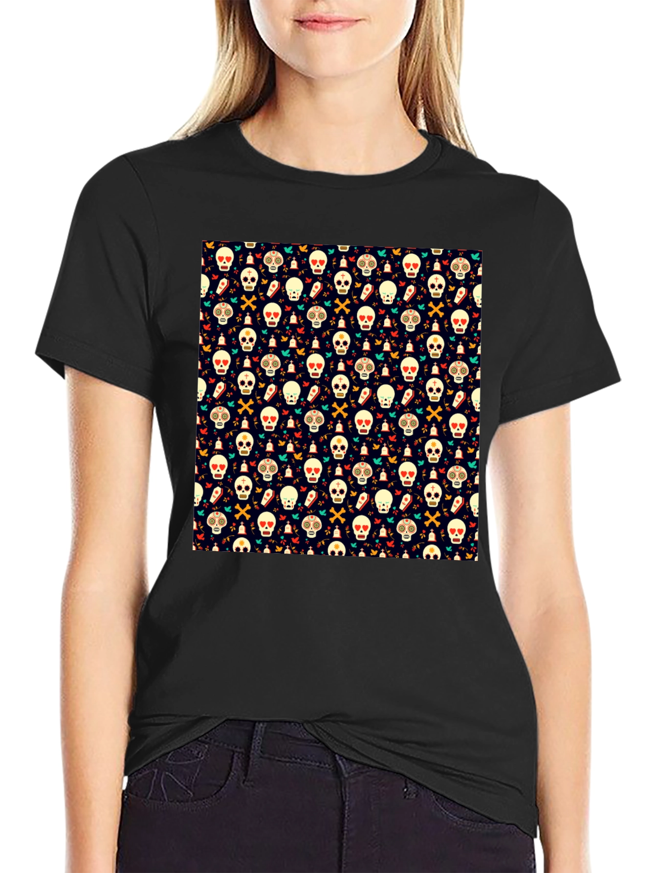 Black Day of the Dead Skull Pattern Black T-Shirt view 2
