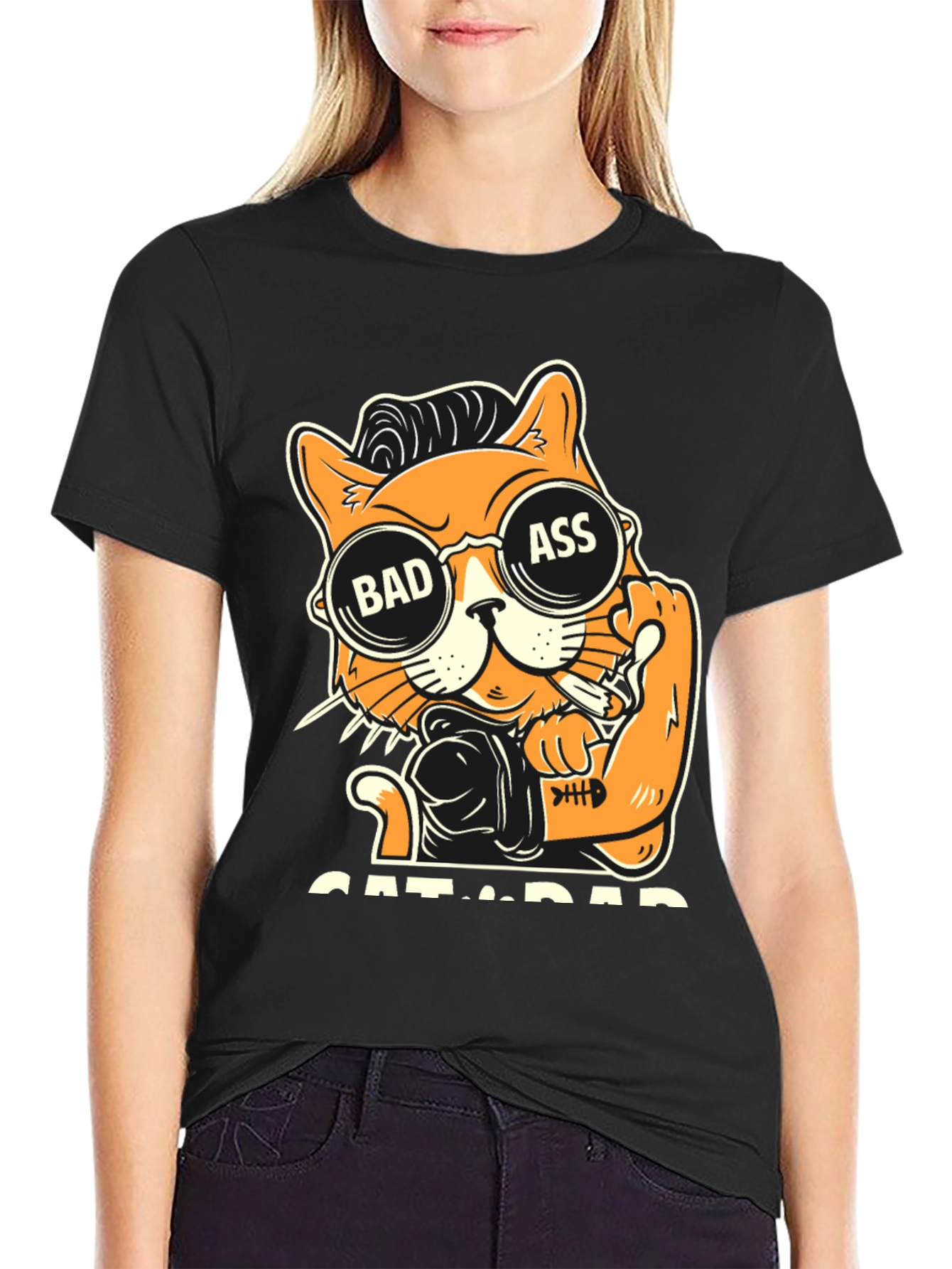 Black Bad Ass Cat Dad Graphic T-Shirt view 2