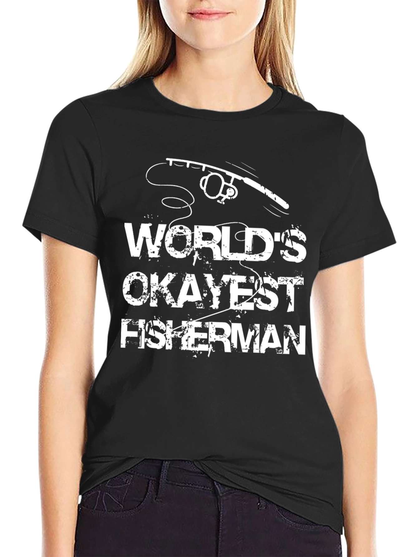 Black World's Okayest Fisherman Graphic T-Shirt view 2