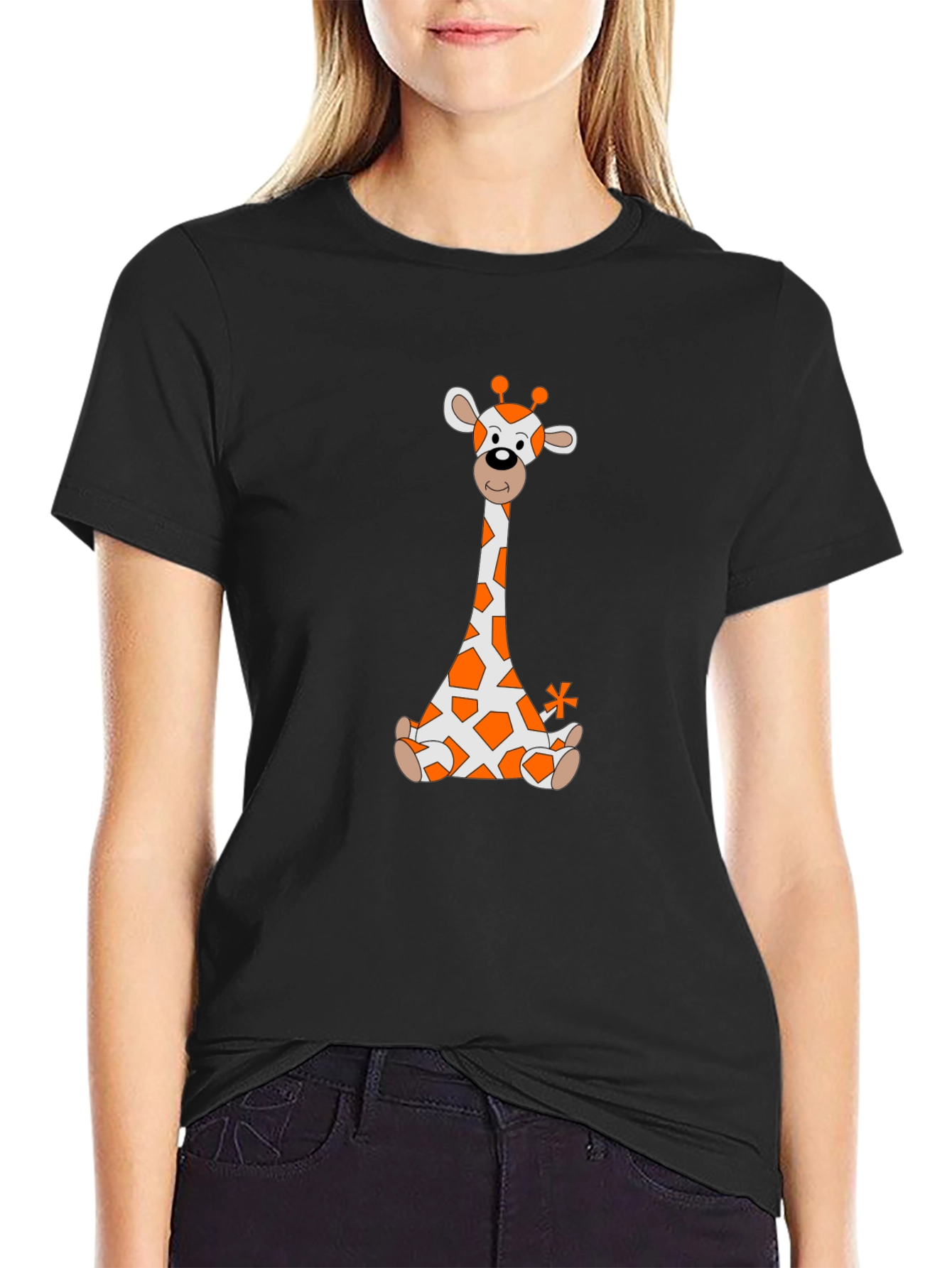 Black Giraffe Cartoon T-Shirt - Black Cotton Tee view 2