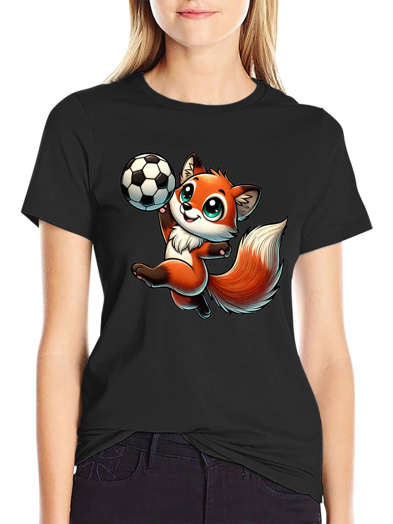 Black Cartoon Fox Soccer T-Shirt view 2
