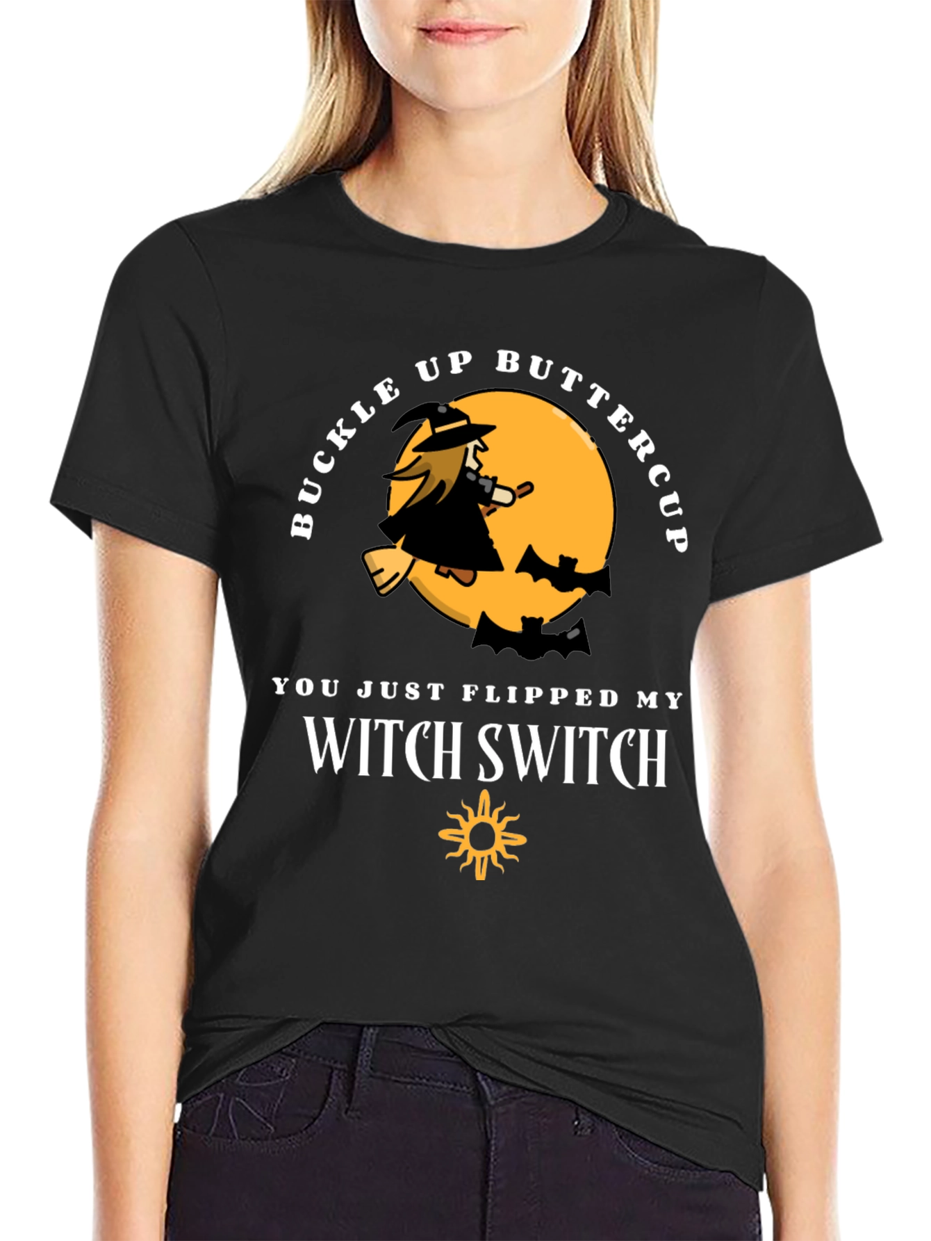 Black Buckle Up Buttercup Witch T-Shirt view 2