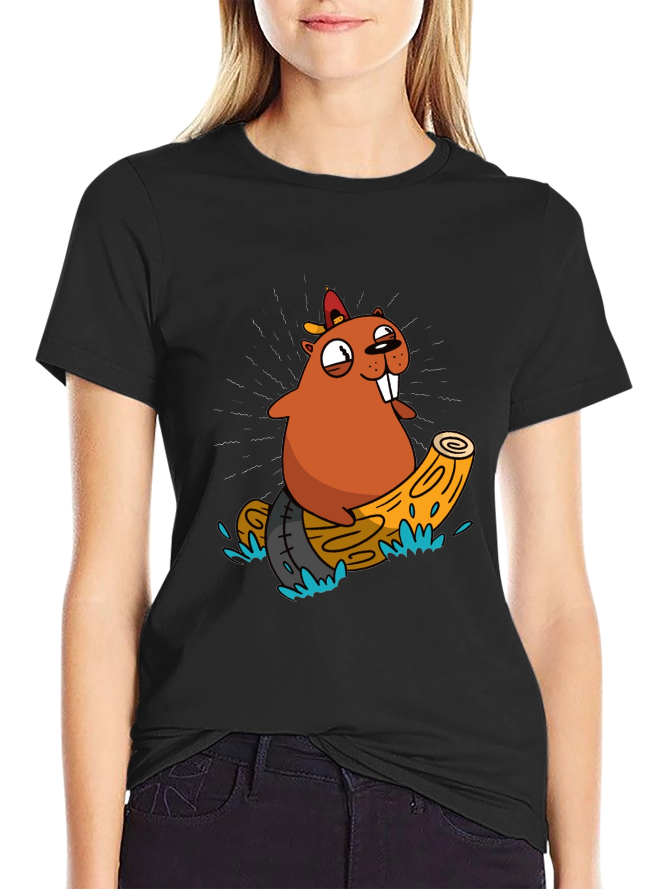 Black Cartoon Beaver T-Shirt view 2