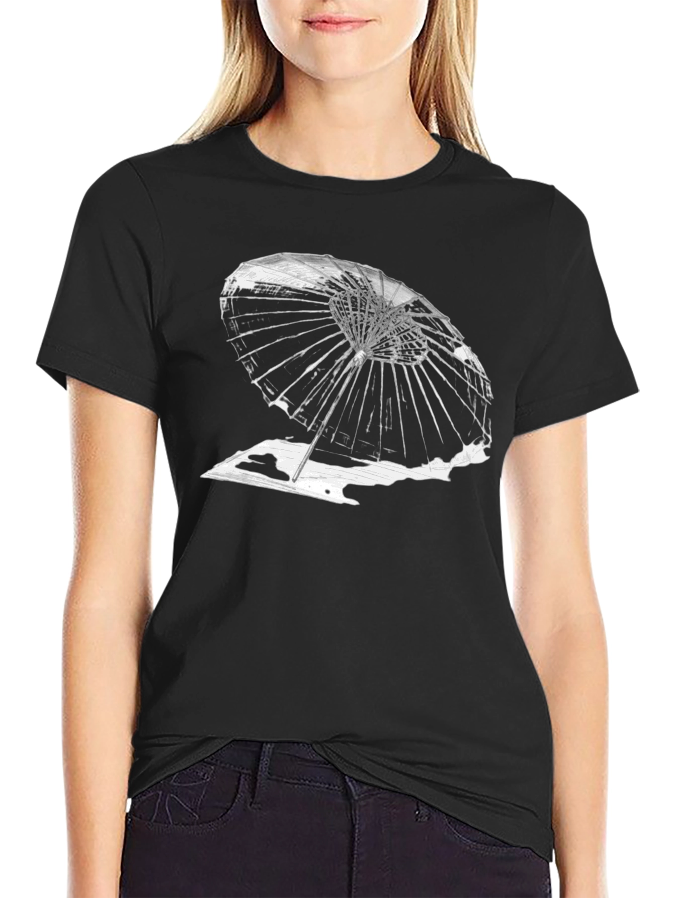 Black Abstract Umbrella Graphic Tee - Black Cotton T-Shirt view 2