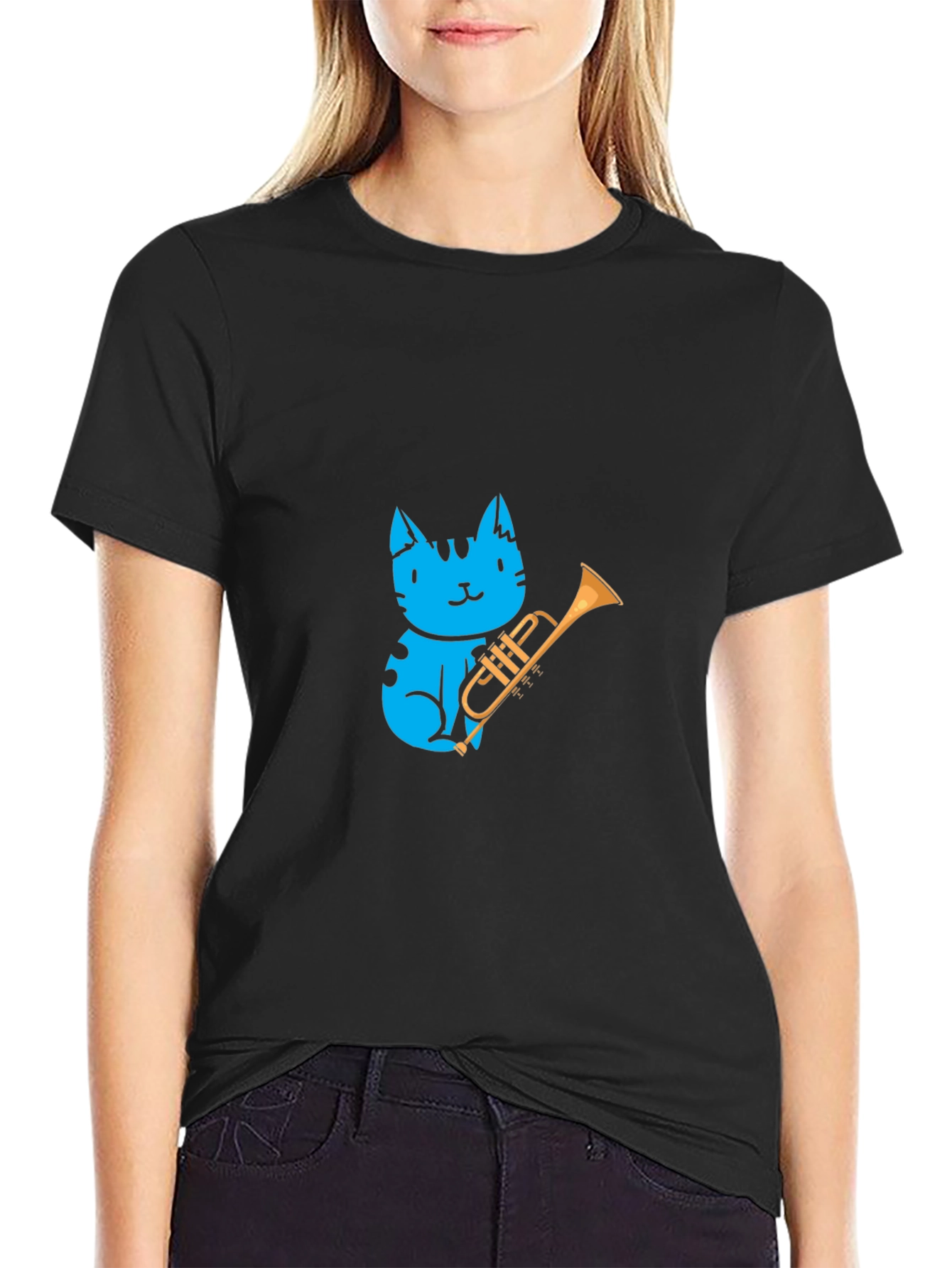Black Blue Cat Trumpet Player Graphic Tee view 2