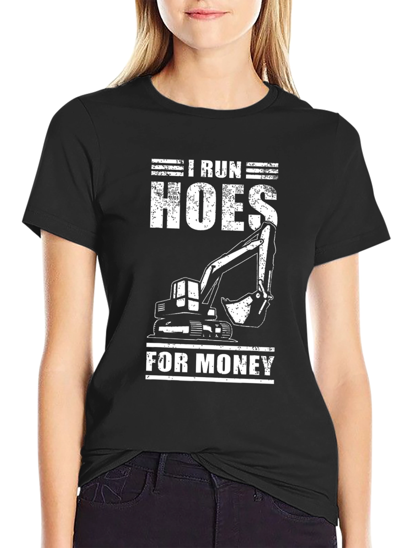 Black I Run Hoes for Money Funny Excavator Black T-Shirt view 2