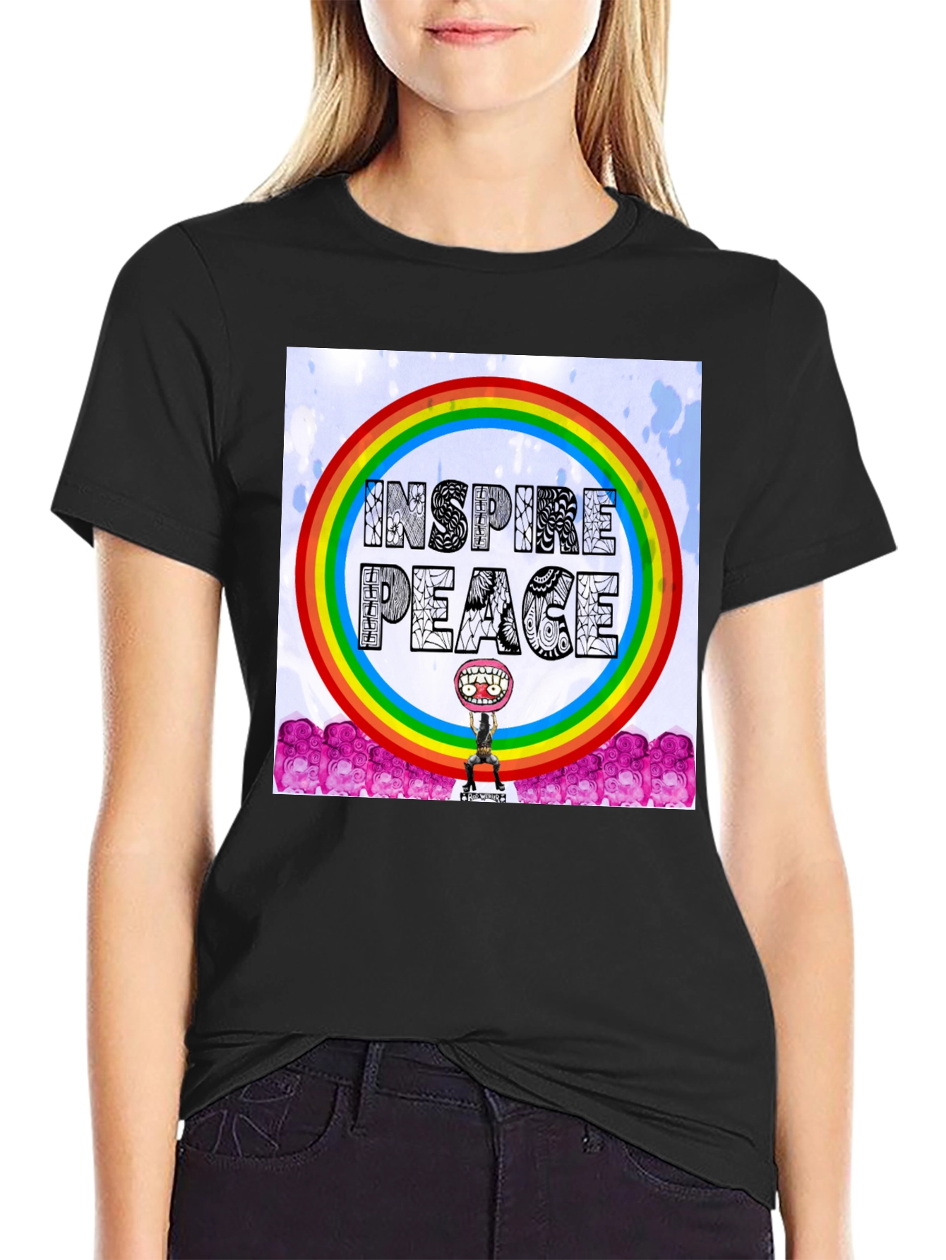Black Inspire Peace Graphic Tee - Rainbow Design view 2