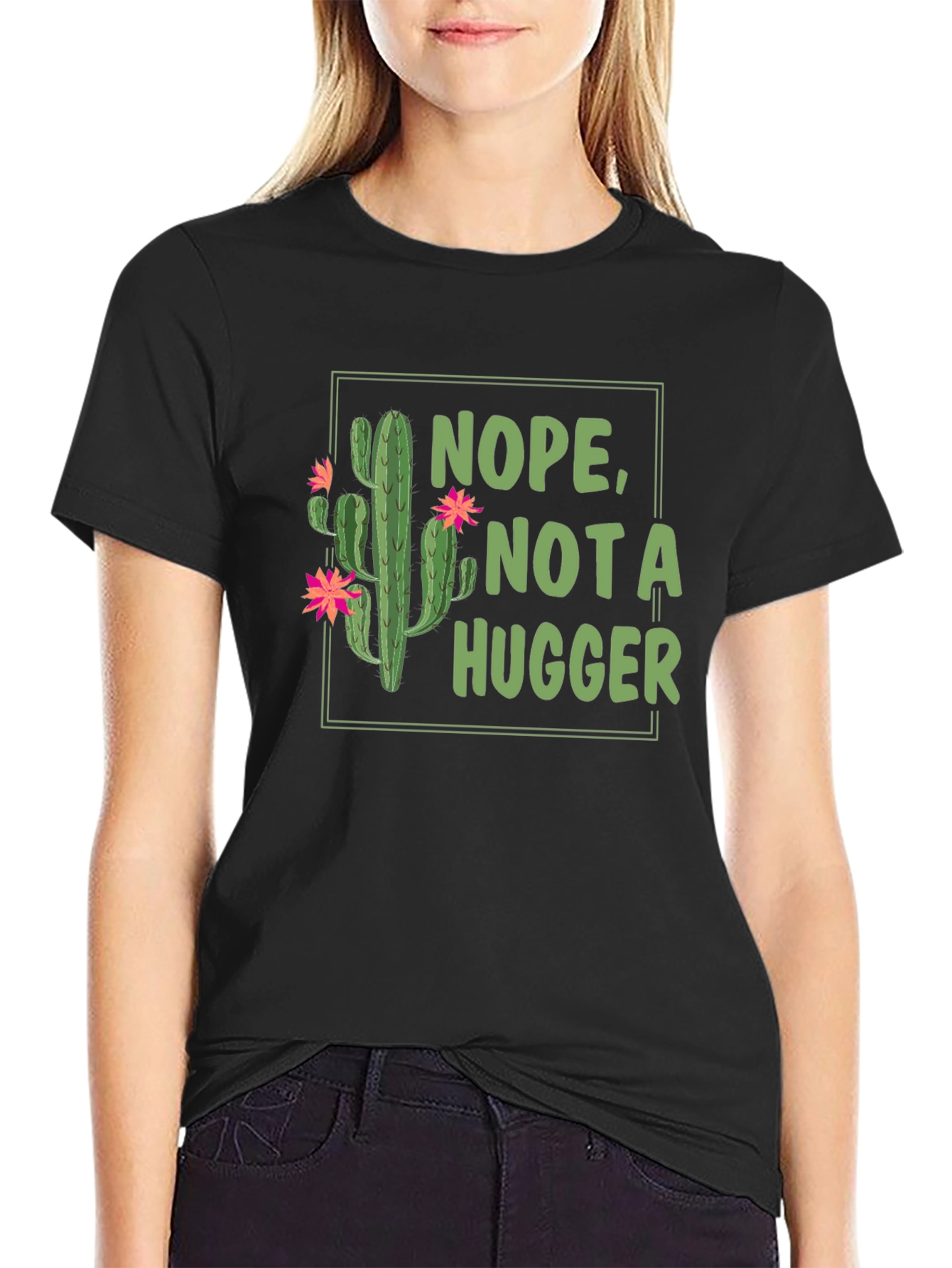 Black Nope Not a Hugger Cactus T-Shirt view 2