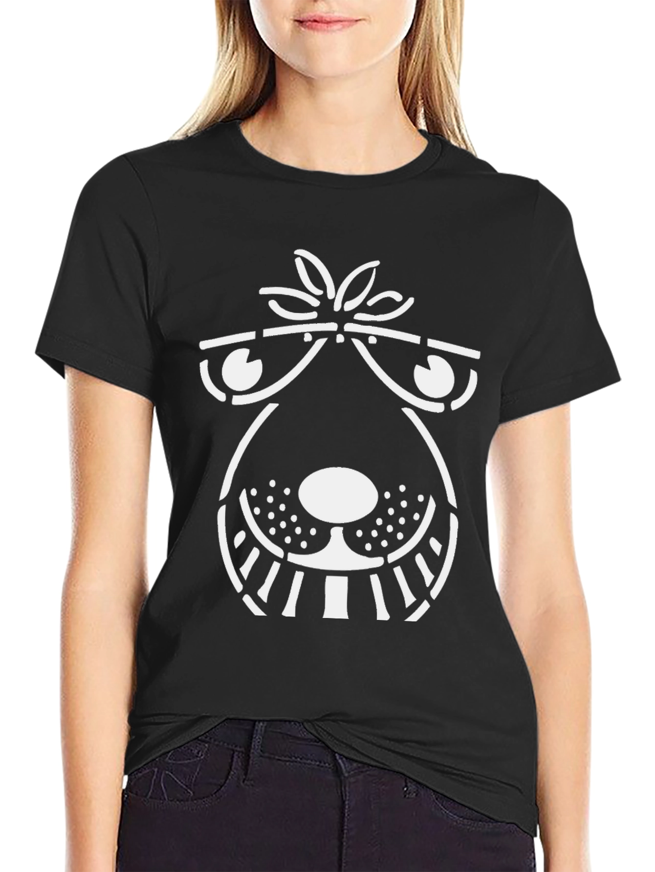 Black Funny Graphic Tee - Cartoon Dog Face - Black Cotton Shirt view 2
