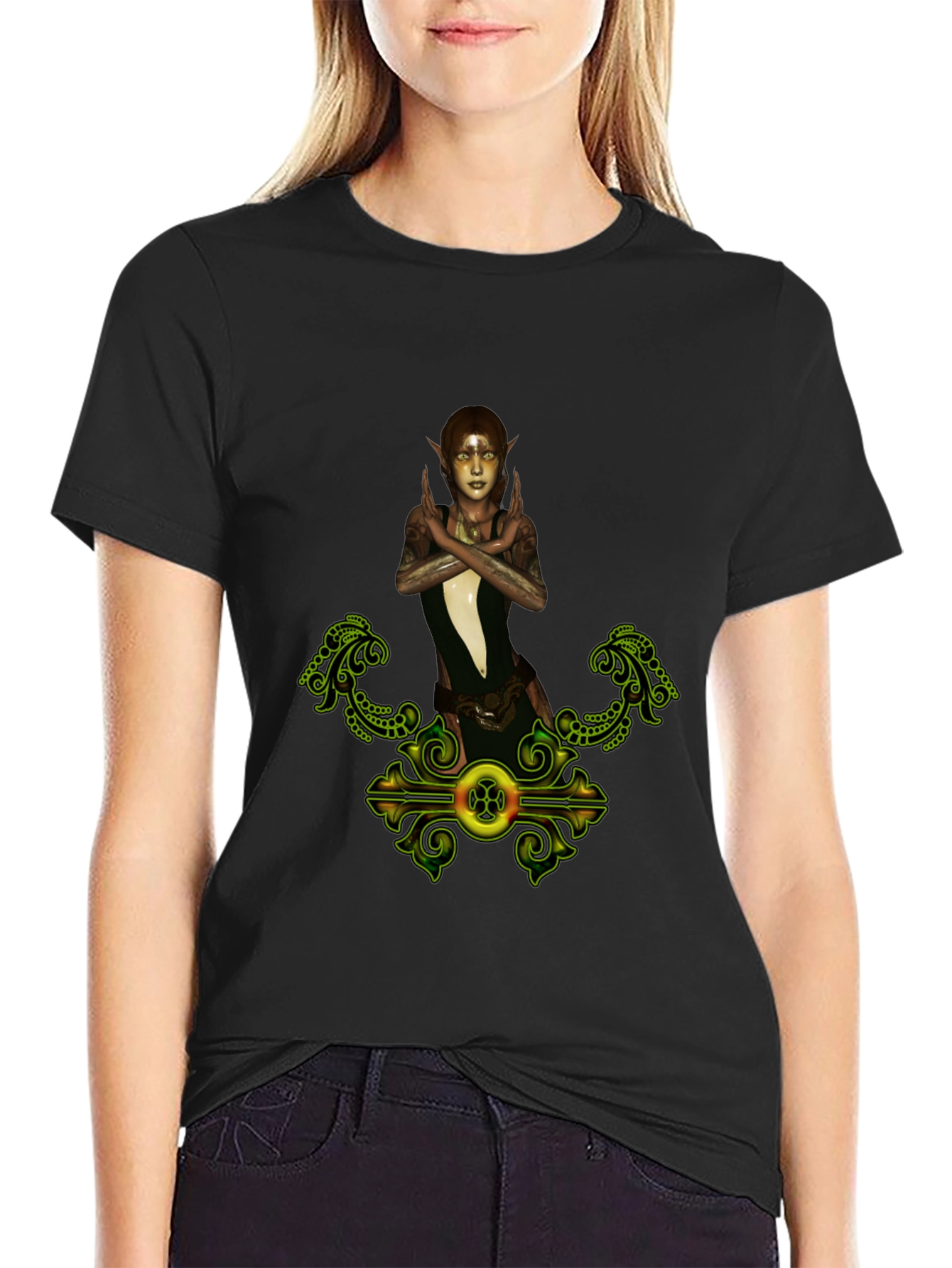 Black Elf Maiden Graphic Tee - Fantasy Print Shirt view 2