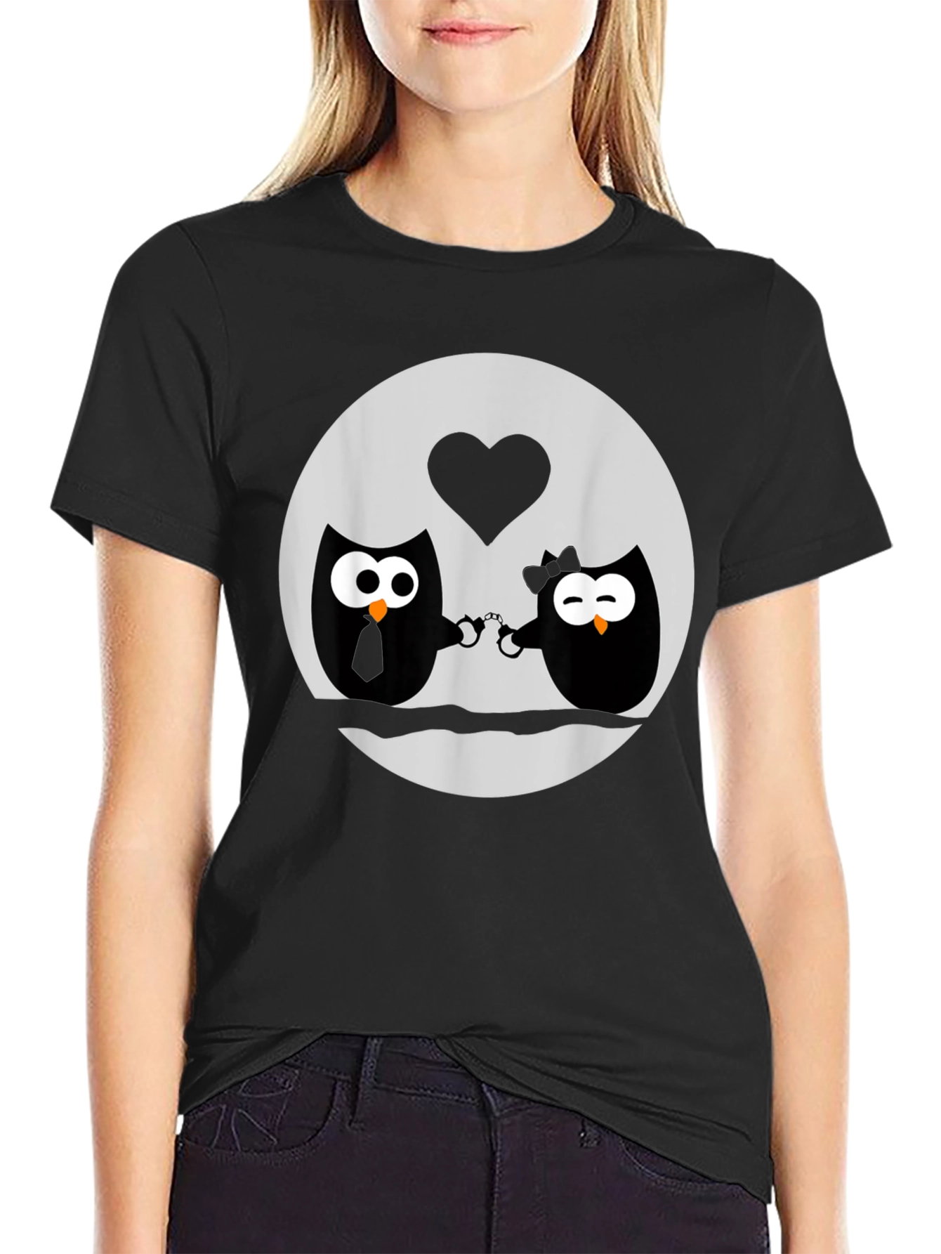 Black Owl Love T-Shirt - Handcuffed Owls - Black view 2