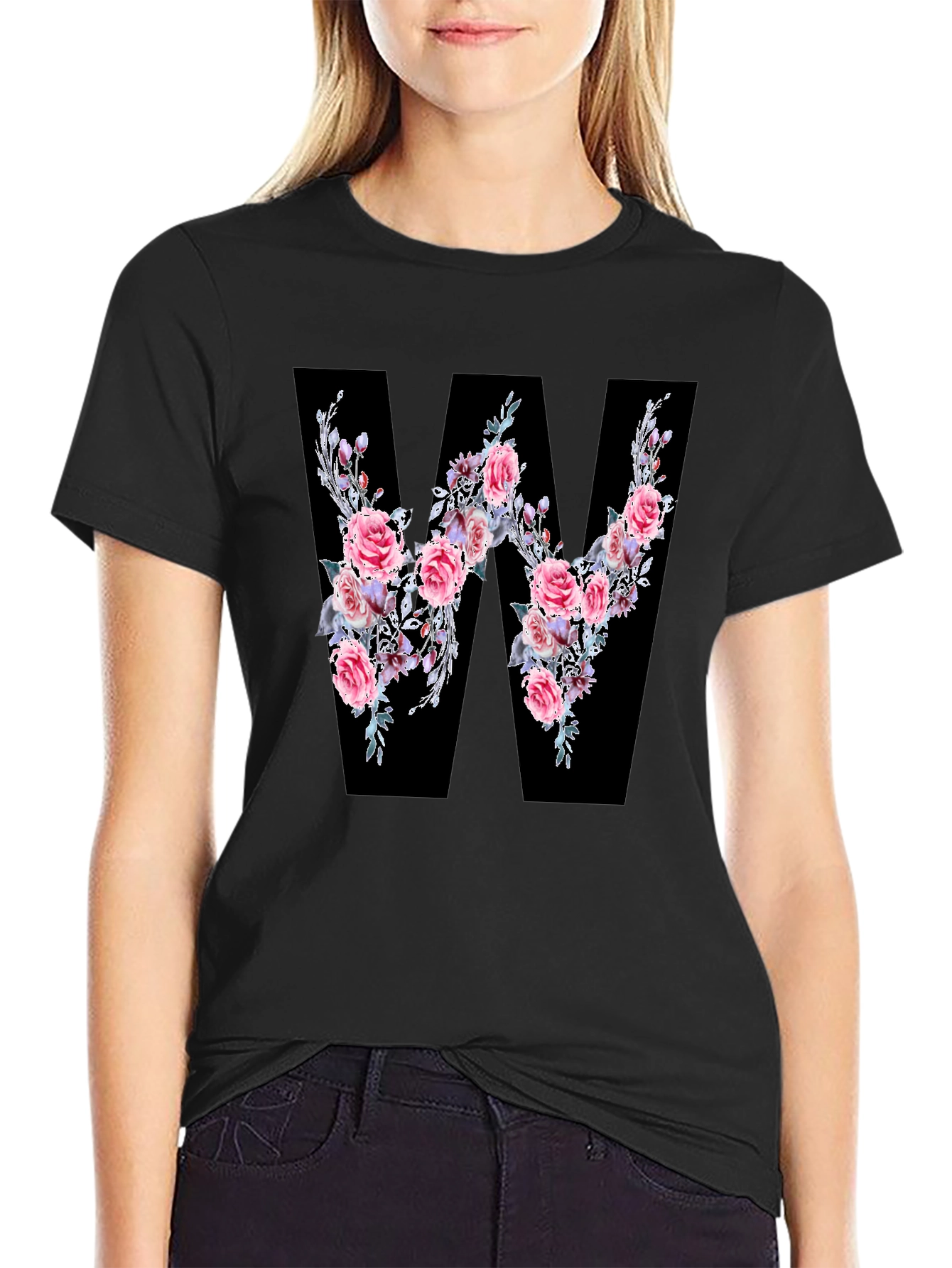 Black Floral Letter W Black T-Shirt view 2