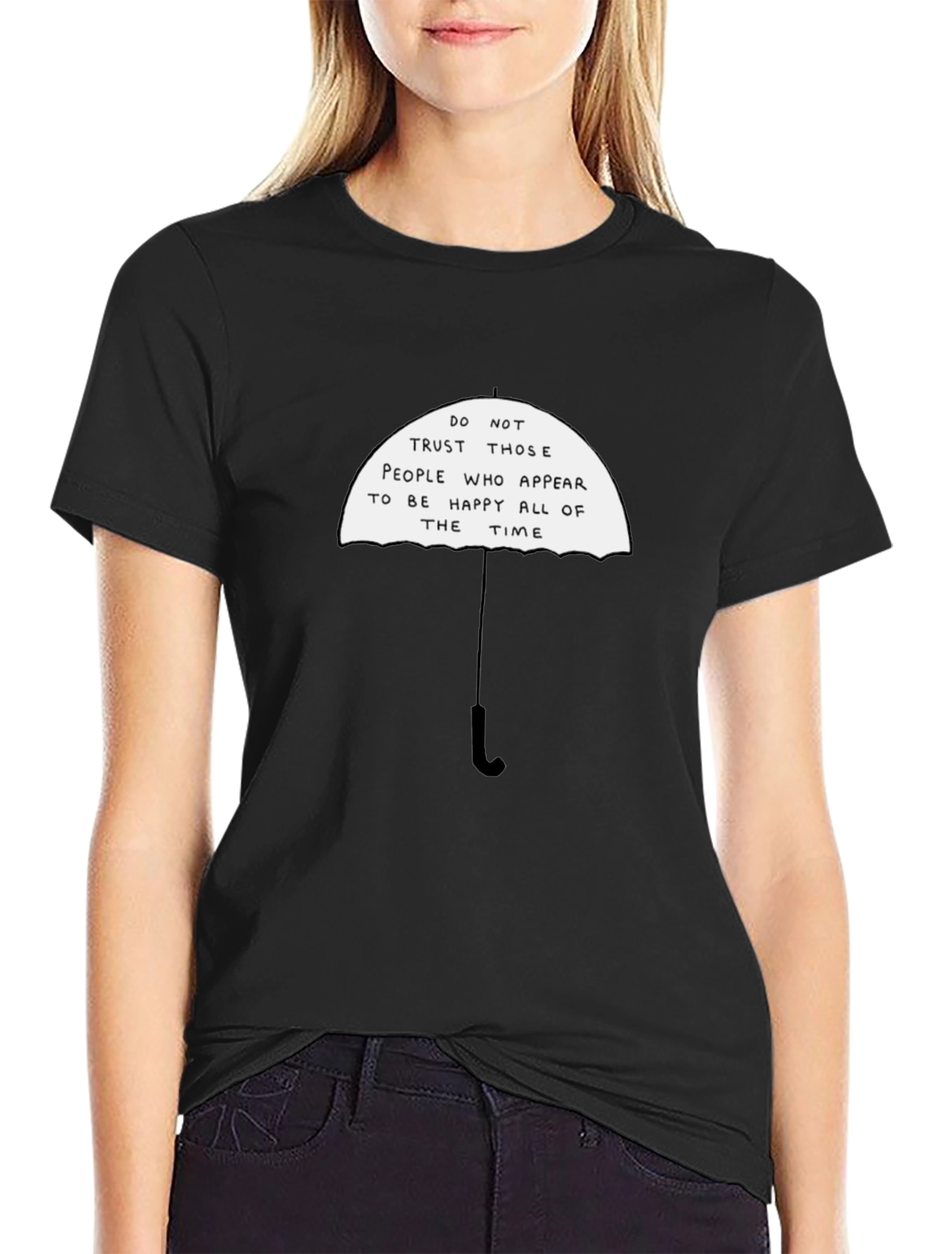 Black Umbrella Graphic T-Shirt - Do Not Trust Happy People view 2