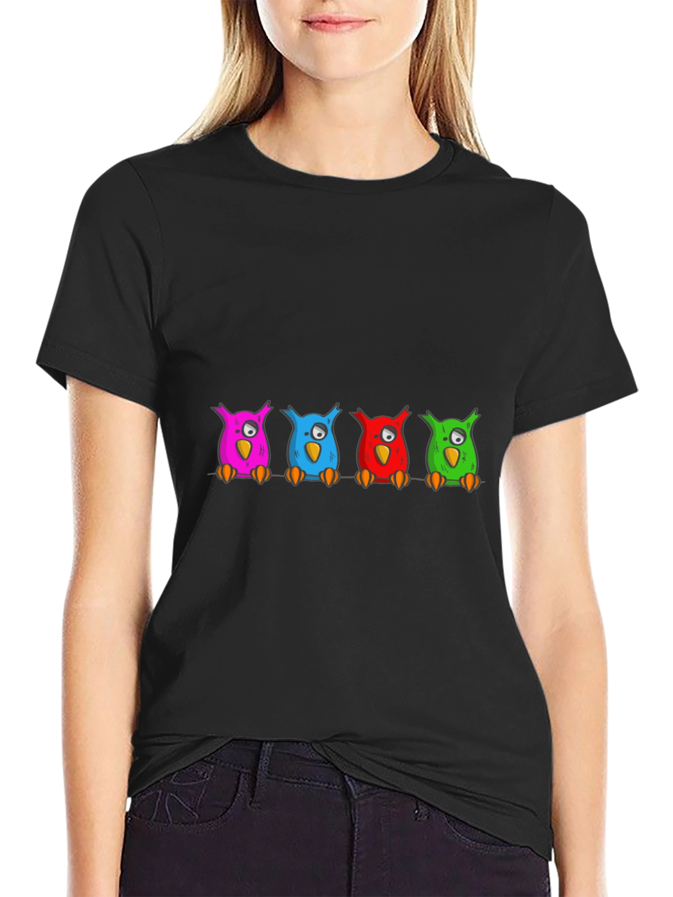 Black Colorful Cartoon Owls on a Branch T-Shirt view 2