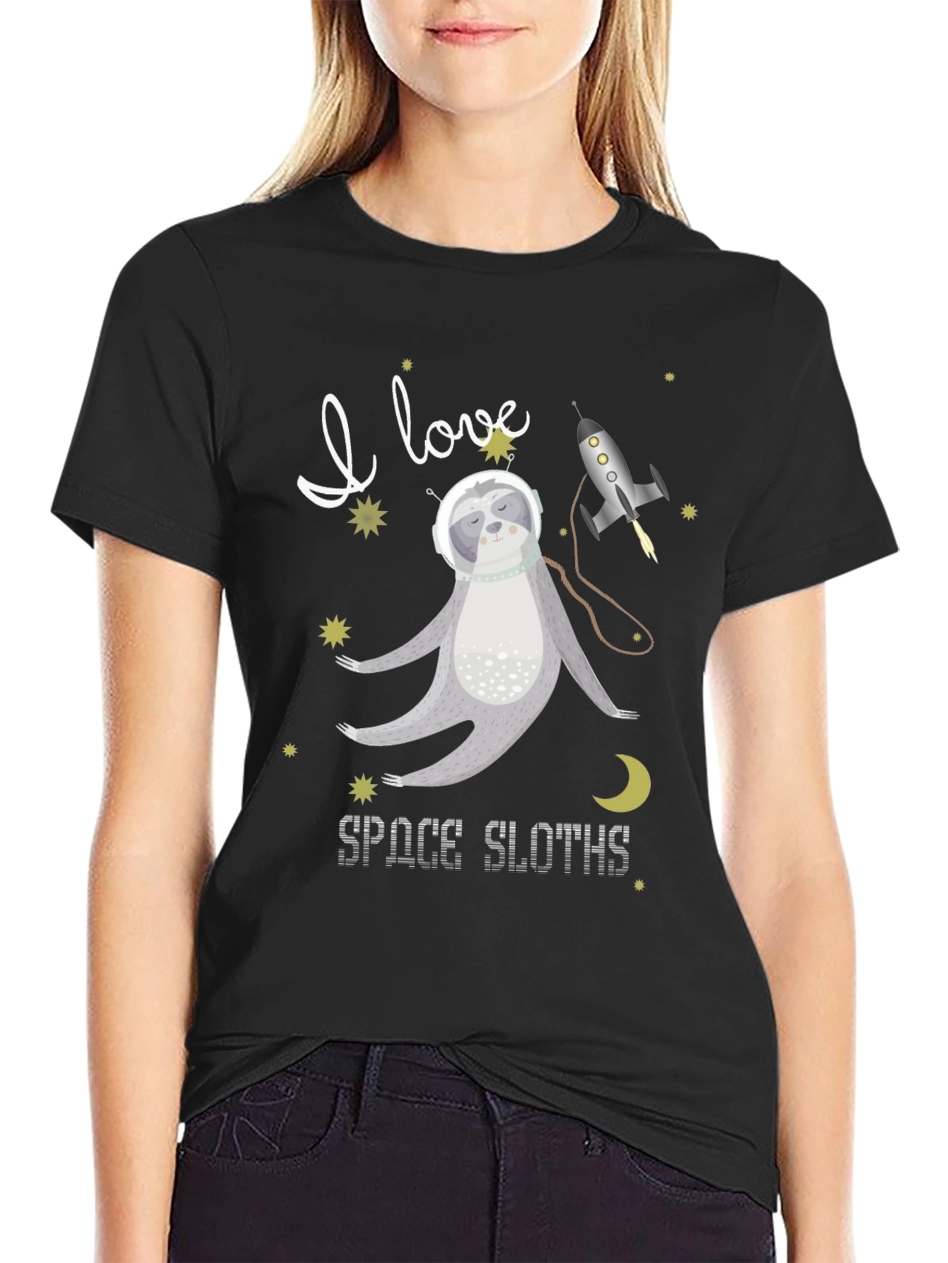 Black I Love Space Sloths Black T-Shirt view 2