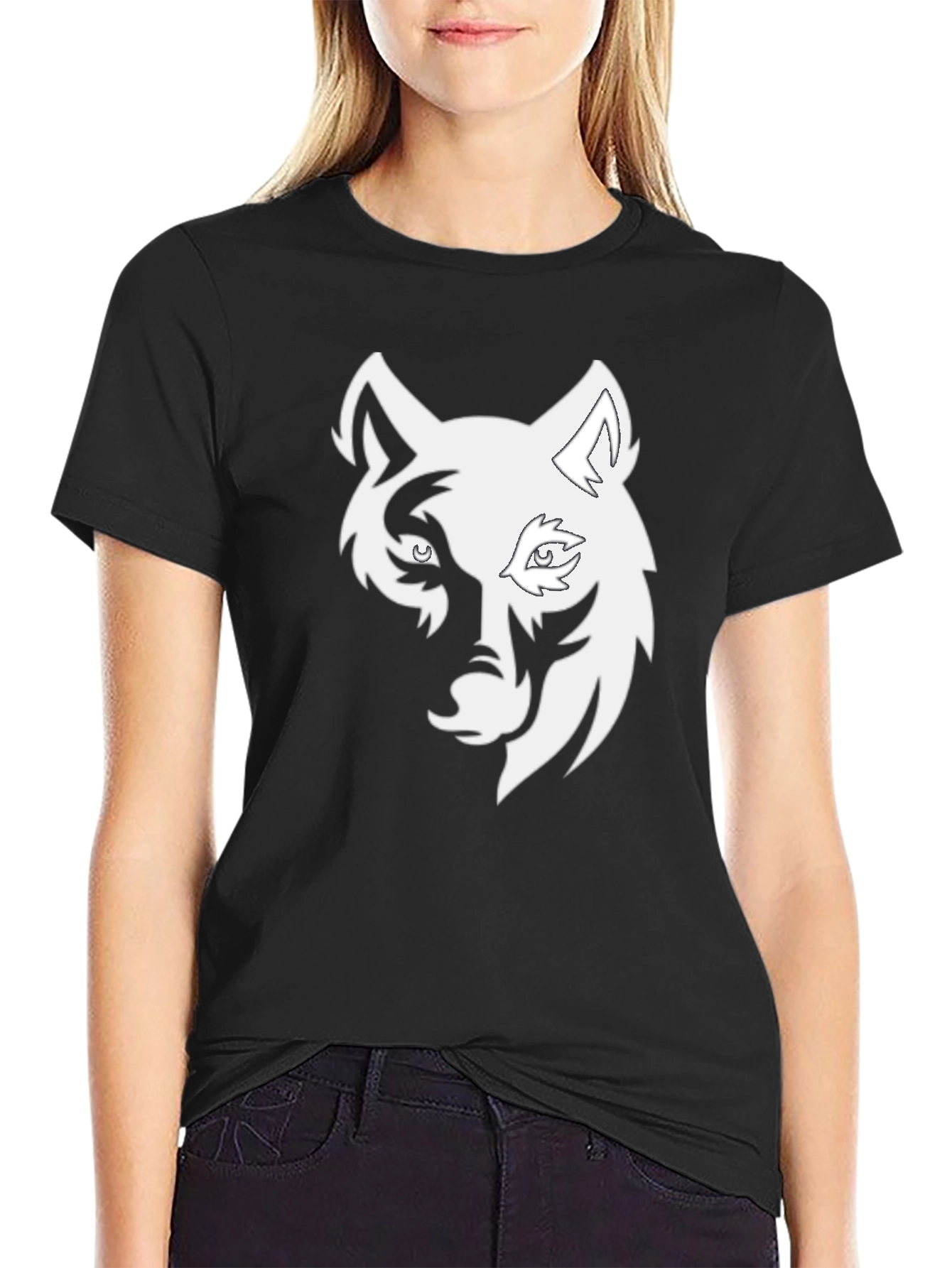 Black Cool Wolf Head Graphic Black T-Shirt view 2