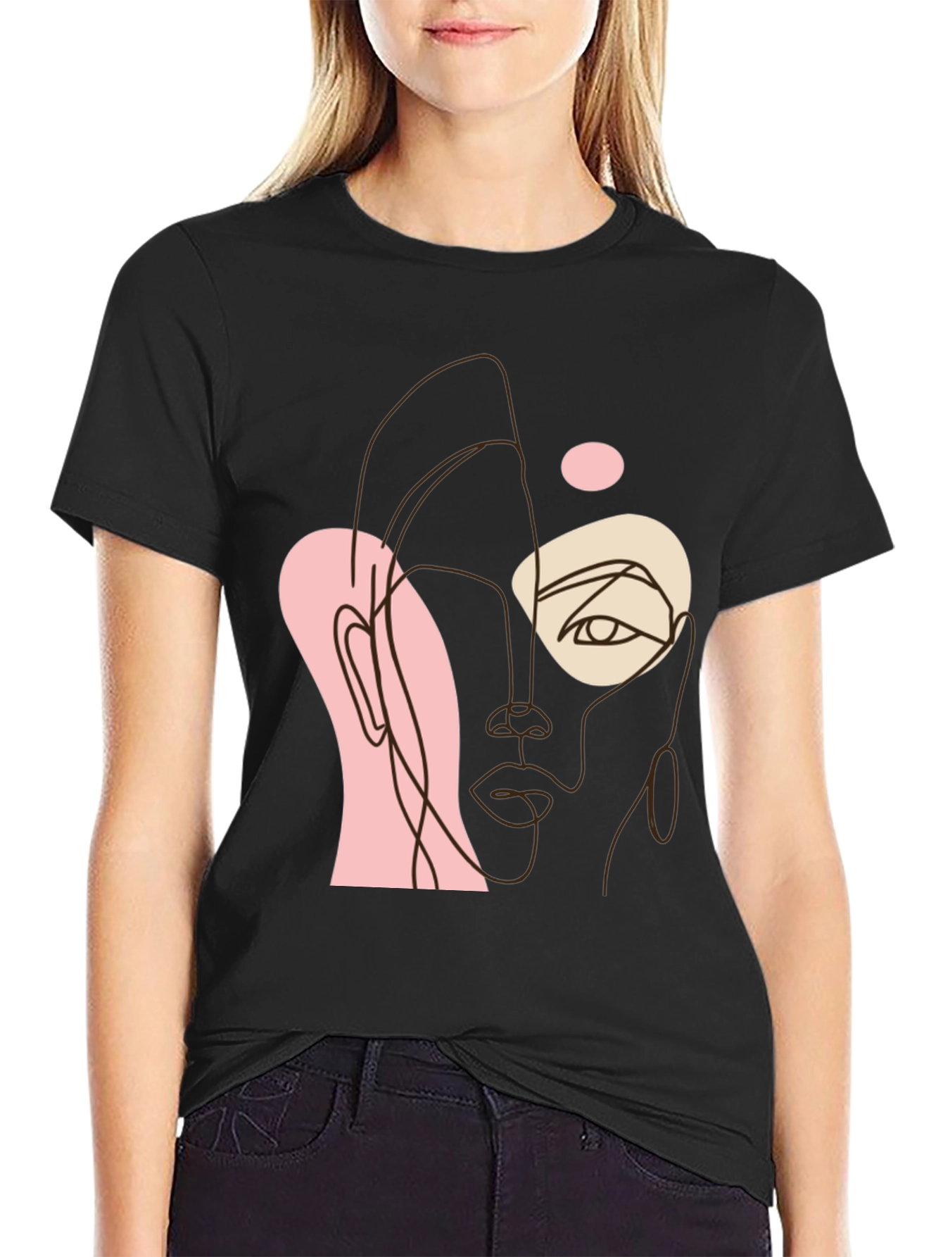 Black Abstract Face Line Art Black Tee view 2